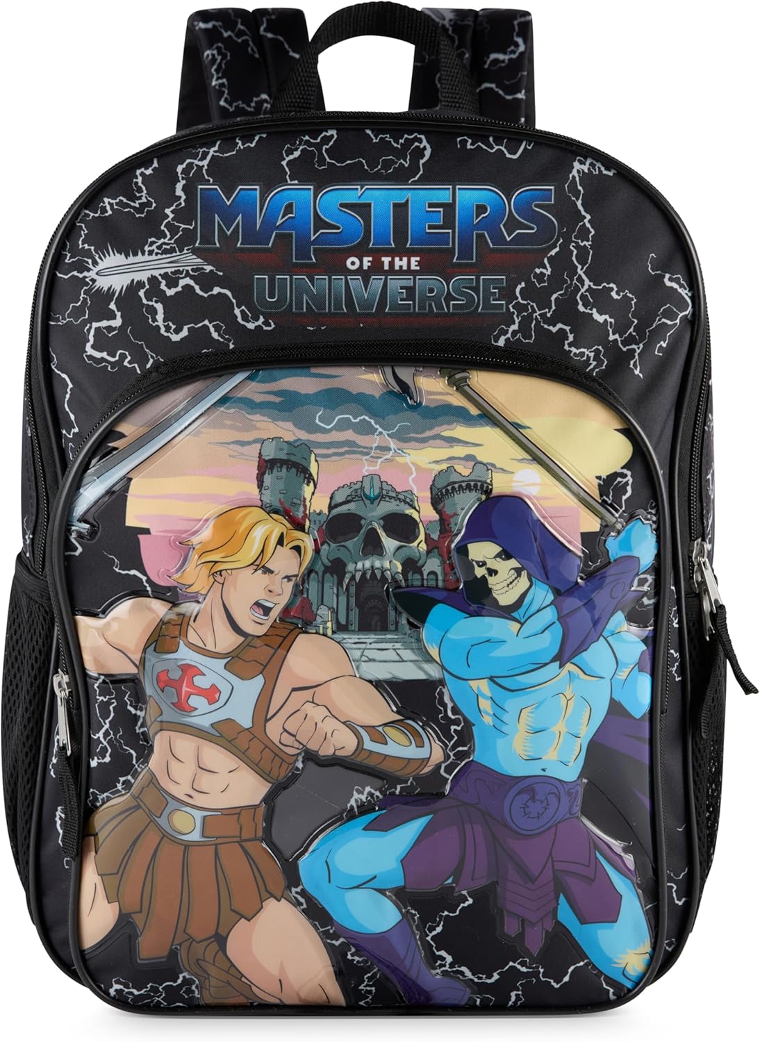 AI ACCESSORY INNOVATIONS Masters of the Universe Castle Grayskull Backpack for Kids, 16 Inch Bookbag featuring He-Man & Skeletor, Black