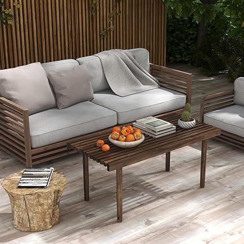 Miniatura 3 de COSTWAY Mesa de centro de madera de goma de 39 pulgadas, mesa central rectangular moderna con tablero de listones, mesa de té de cóctel rústica