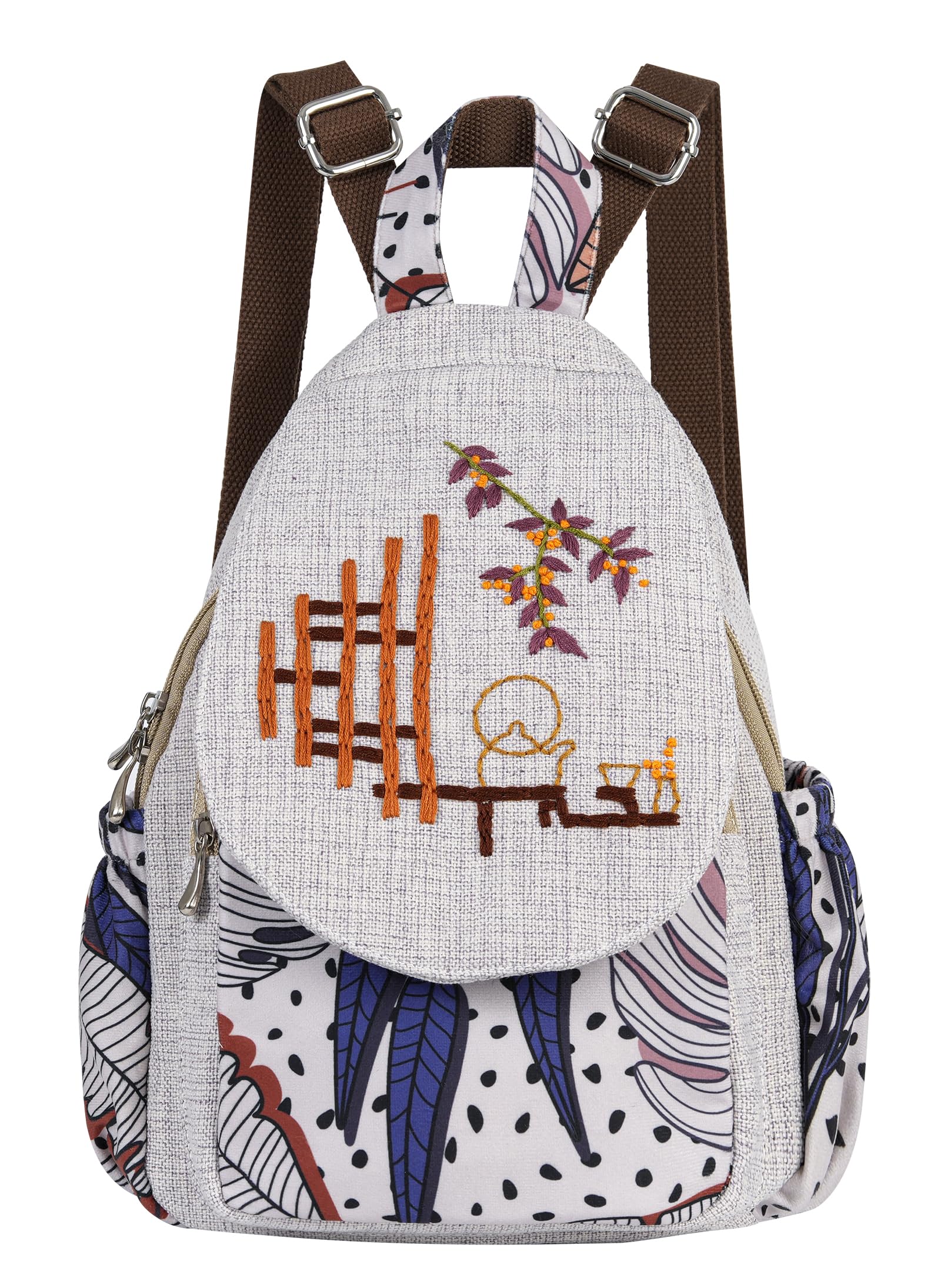 HUANGGUOSHU Women Cotton Woven Bohemian Hemp Boho Canvas Embroidery Multi Pocket Retro Cute Backpack Wallet Backpack Beans