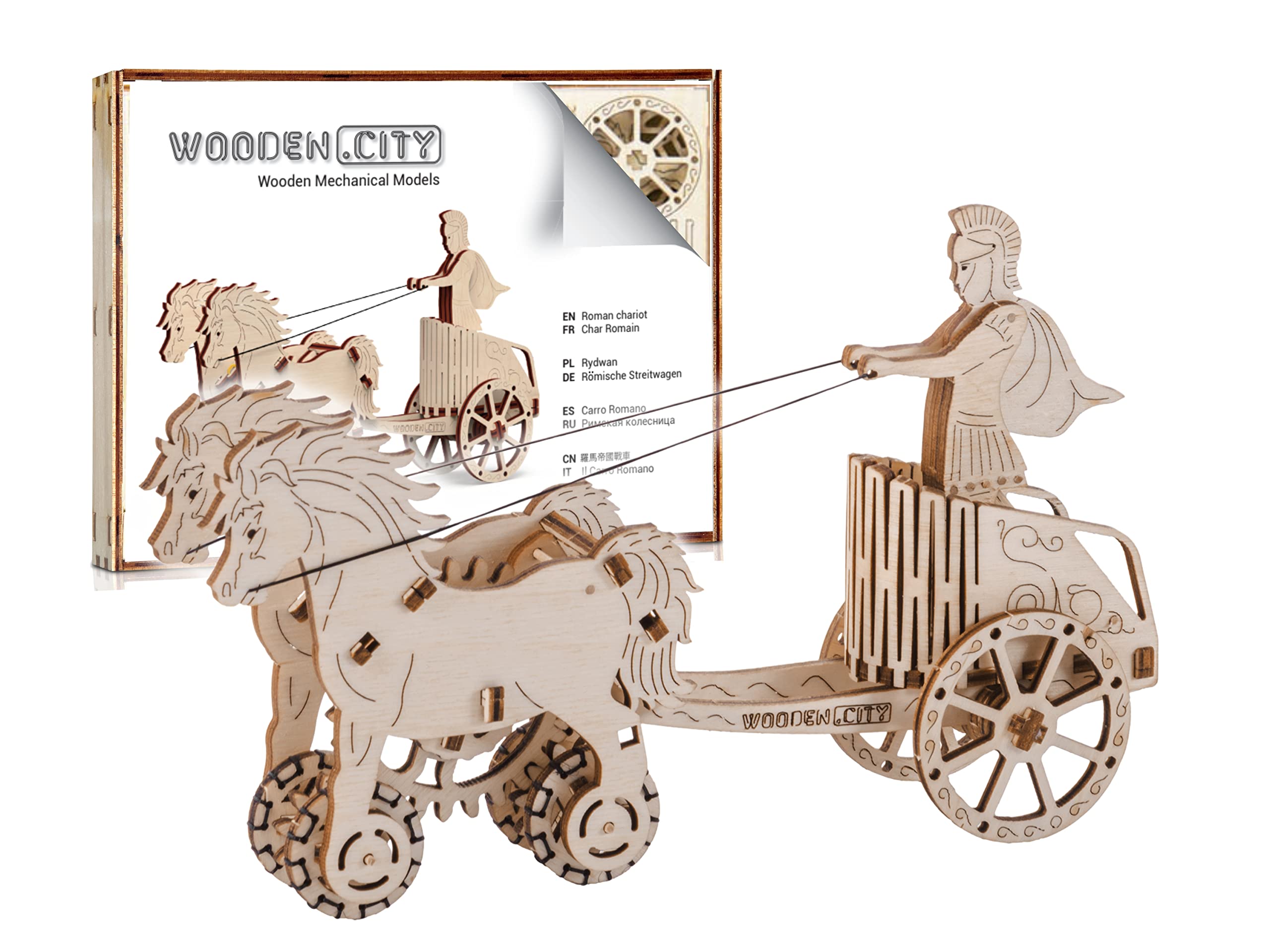 WOODEN.CITY Roman Chariot - 3D Wooden Model Kit for Adults - Roman Warrior & Horse - Portable, Small, Antique Style