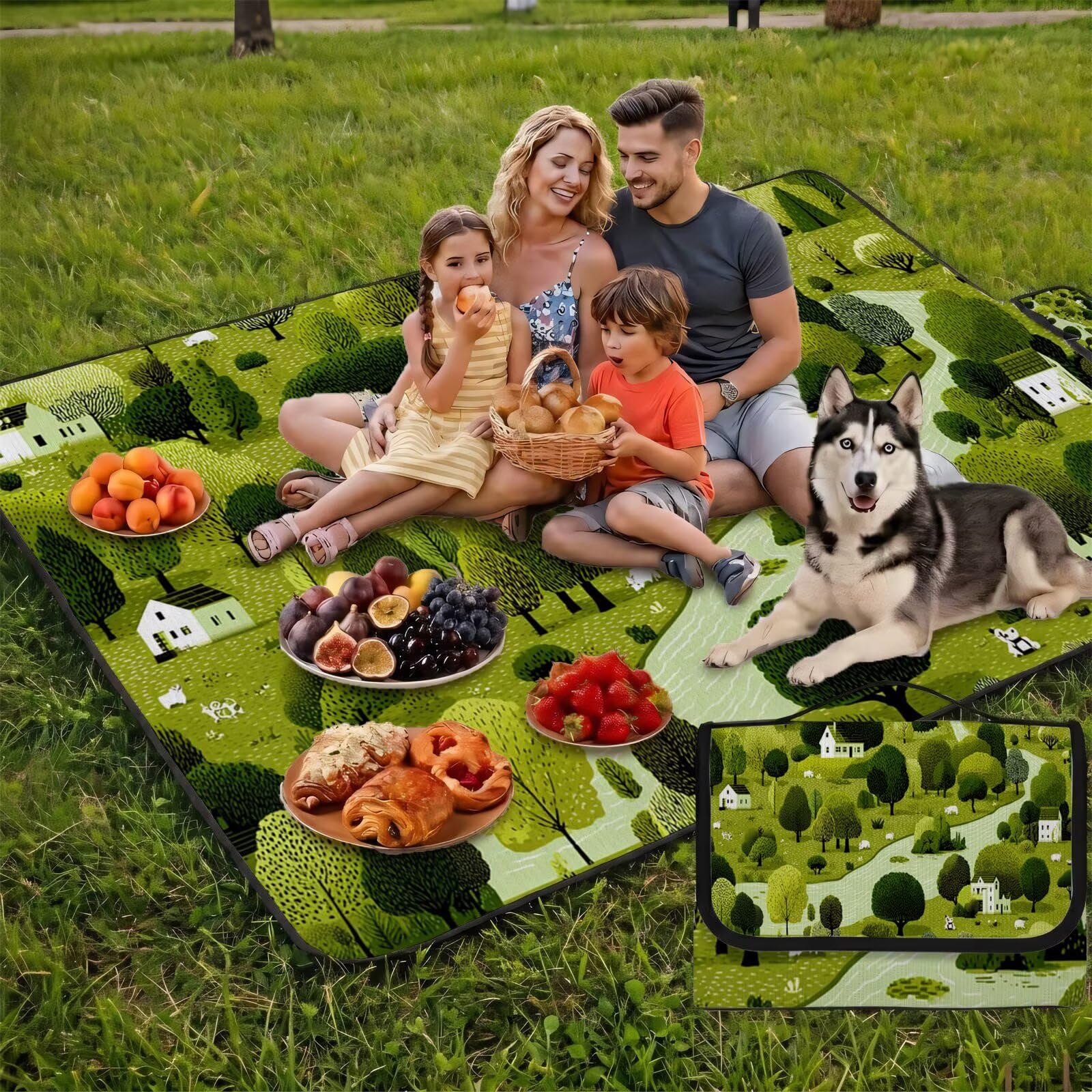 Couverture Pique Nique Grande 200x300cm,Outdoor Couverture Imperméable,Pliable Tapis de Plage Dos en PVC Anti-Sable,Picnic Blanket pour Camping Accessoires,Jardin,Parc,Famille - Ferme verte (1) UZ-582