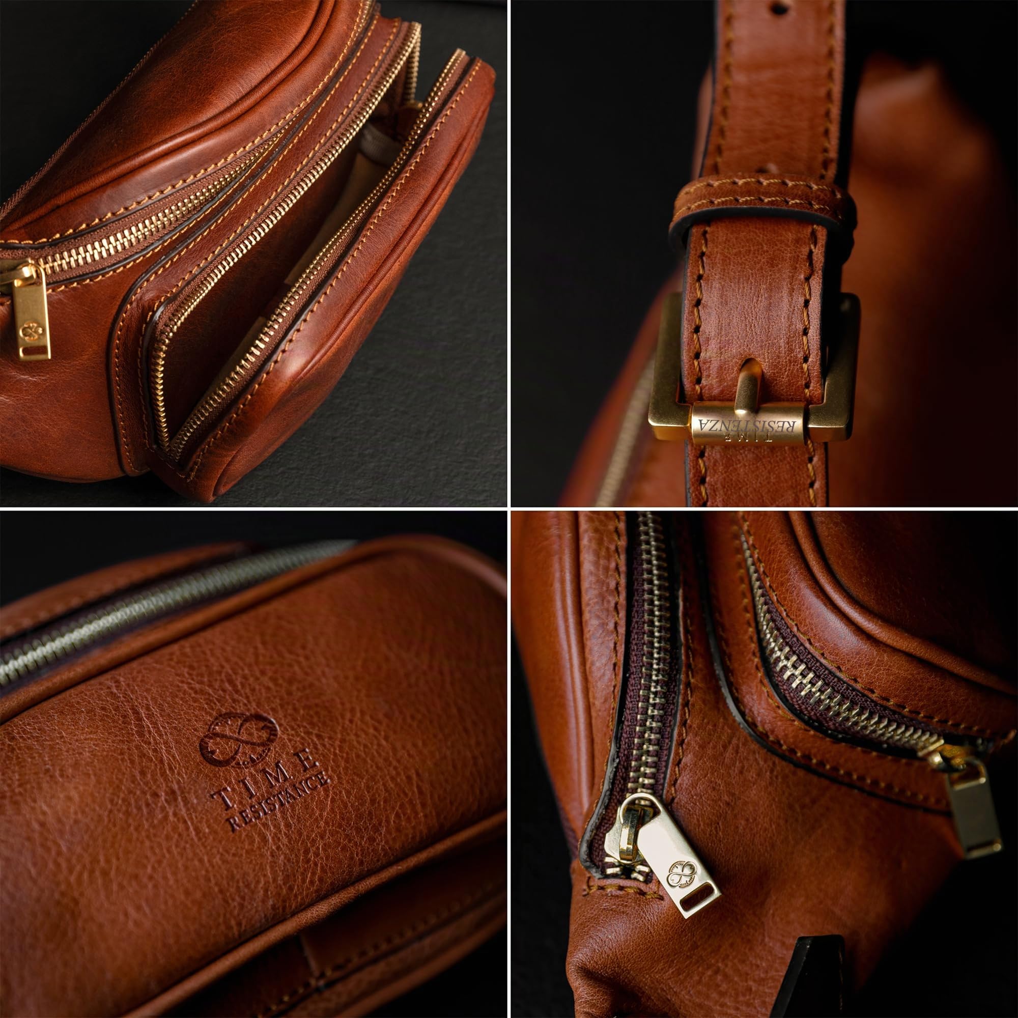 Marsupio Uomo in Vera Pelle Primo Fiore – Marsupio Donna Pelle Realizzato in Italia da Esperti Artigiani – Elegante con Cintura Regolabile e Tasche Spaziose – Time Resistance (Cognac)
