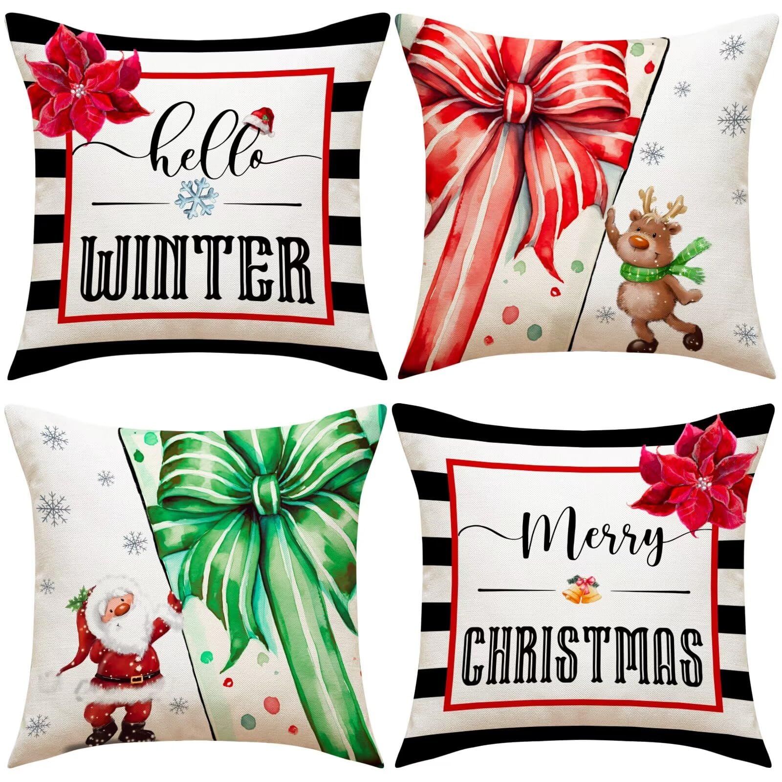 Natale Fodere per Cuscini 60x60cm 4 Pezzi Regalo di alce di Natale Cuscini Caso Federa, Copricuscini Natalizi, Invernale Natalizie Divano Decorativi di Natale per Divano Soggiorno Auto Natalizie Decor