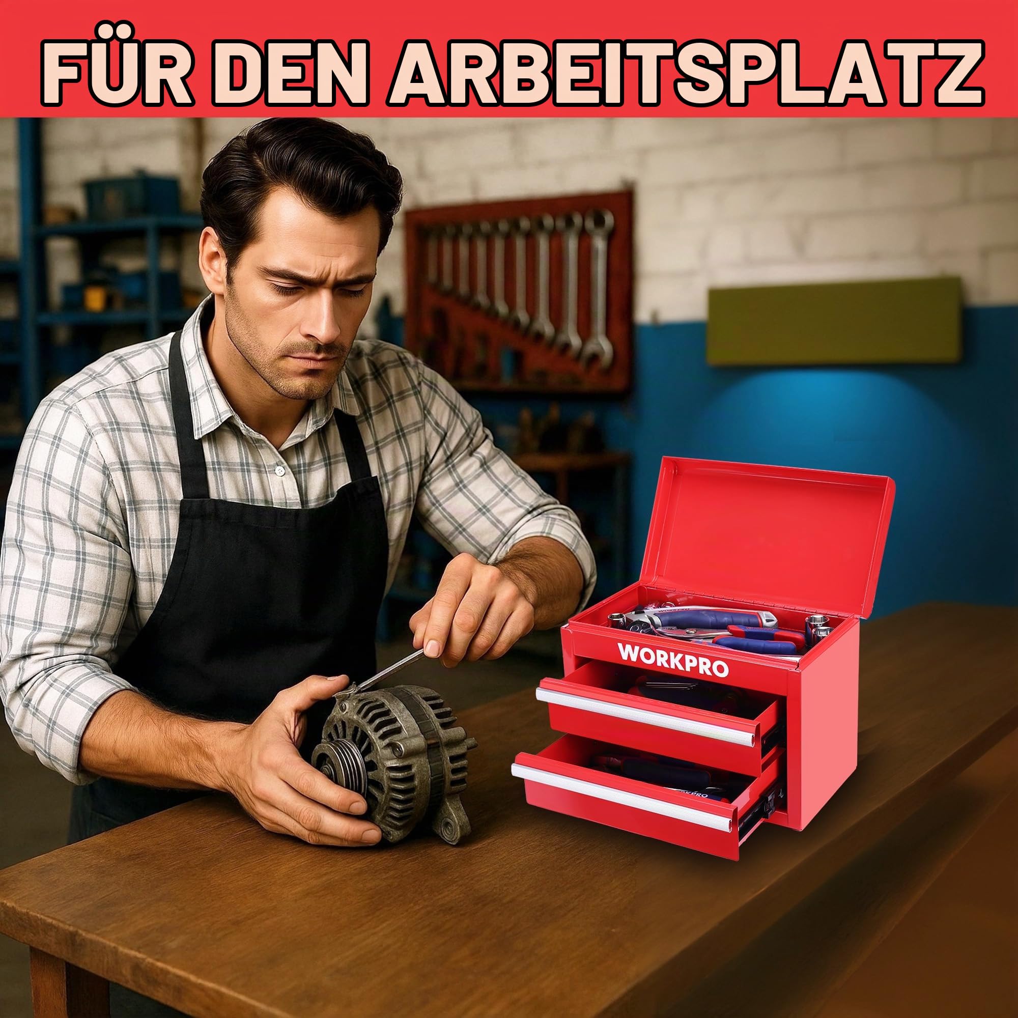 WORKPRO Metall Schubladenbox 2 Schubladen, Rot, Tisch Organizer | Mit oberem Stauraum, ideal für Büro, Schreibtisch und Umkleide, zur übersichtlichen Aufbewahrung von Kleinteilen