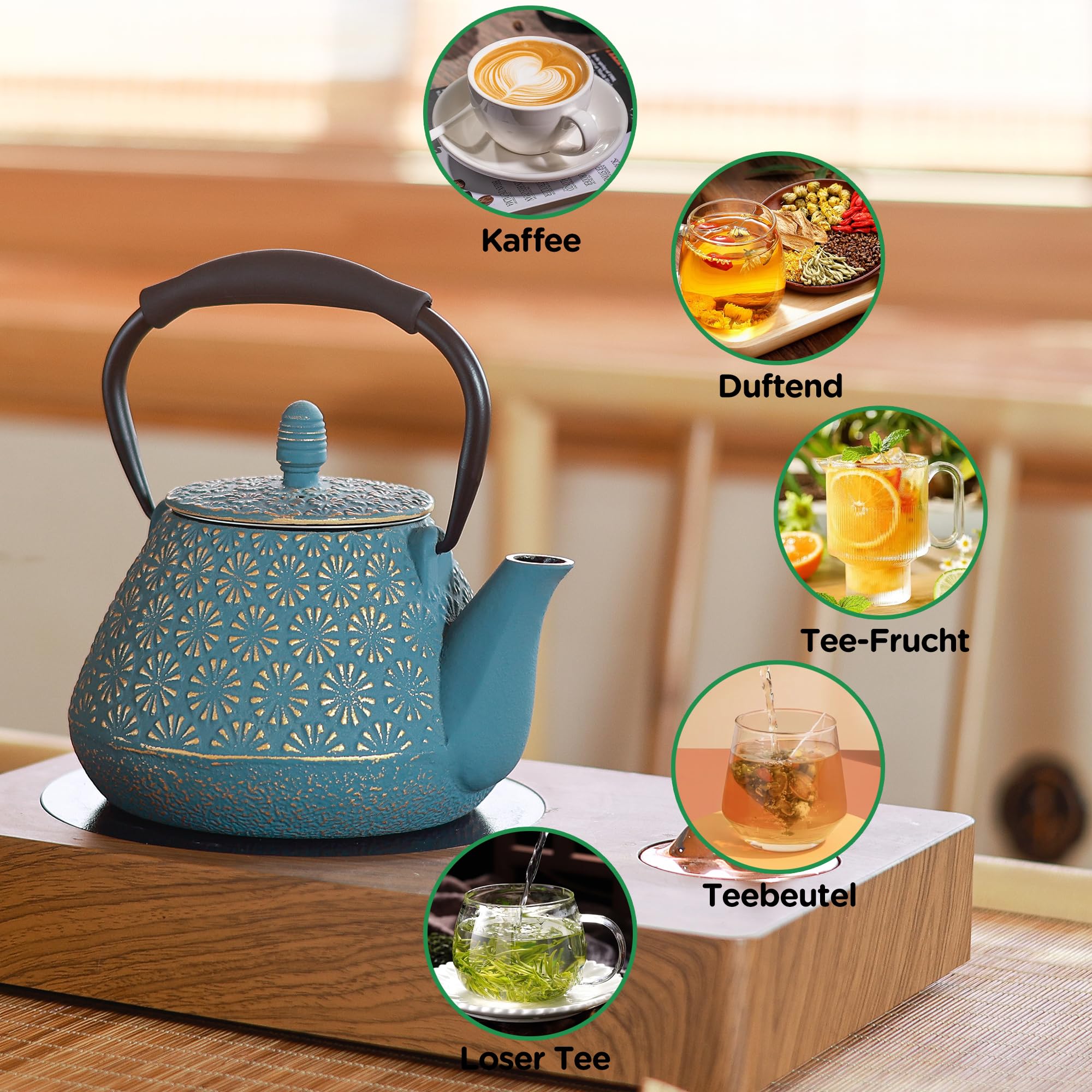 Gusseisen-Teekanne, 950ml japanisches Kirschblütenmuster Teekessel, herdtauglich, Infuser für losen Tee & Kaffee, Silikon-Griff, emailliertes Innenleben, 32oz Blau