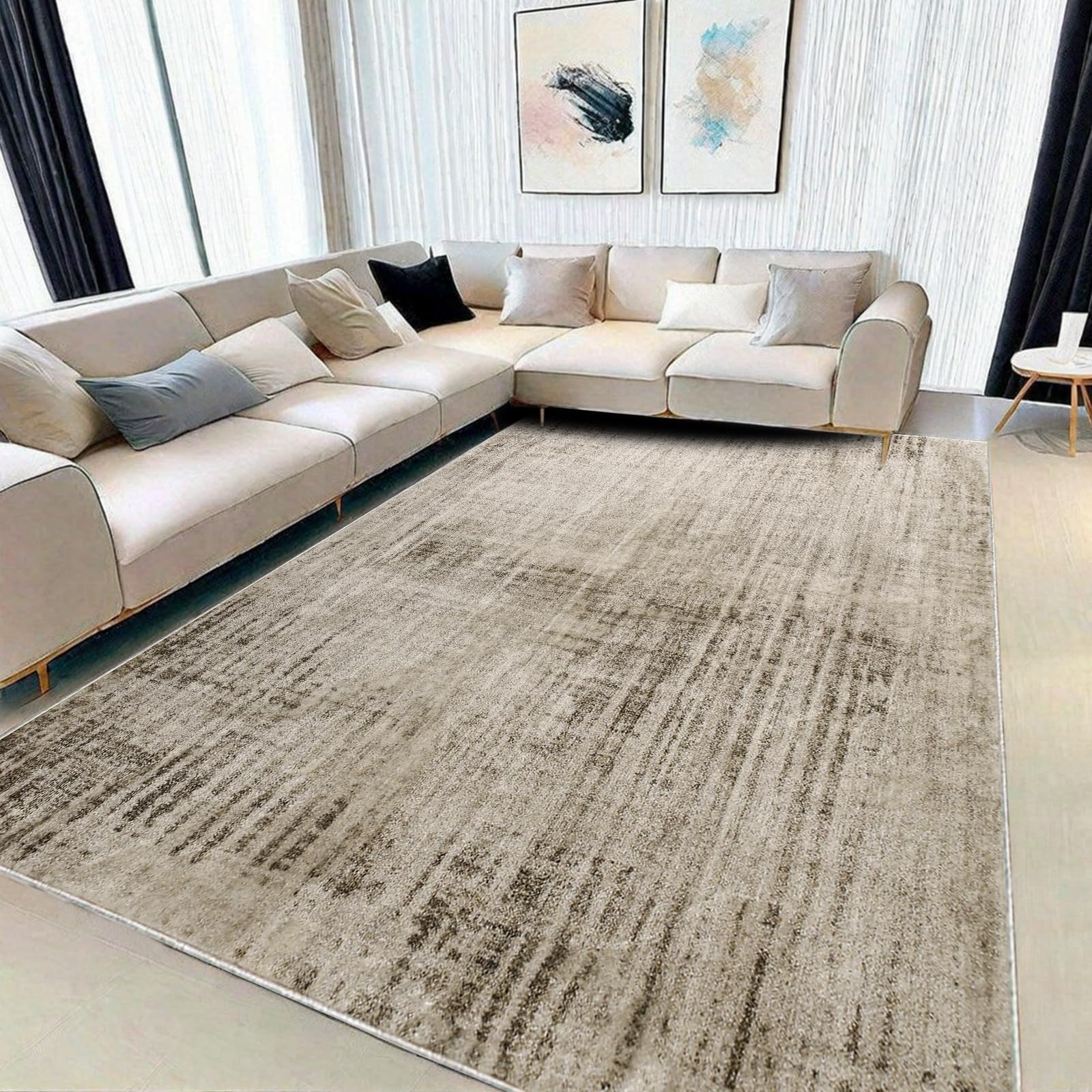 Calore Abstract Area Rugs Modern Carpet Soft Living Room Rug Large Washable Shaggy Rugs for Living Room Bedroom Dining Room Indoor Home Decor (Abstract Beige Grey/Light Brown, 160 x 200 cm)