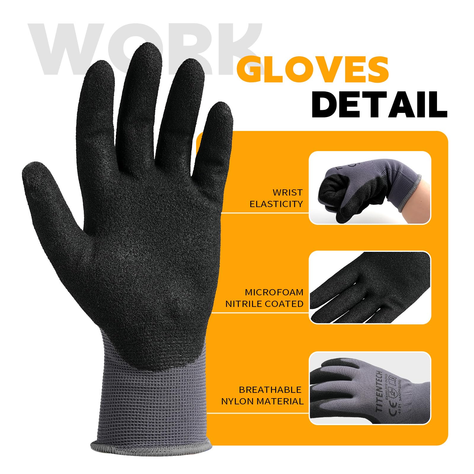 Lot de 12 paires de gants de travail en nylon trempé de nitrile avec revêtement en micro-mousse nitrile avec poignée pour usage intensif (12 paires, taille S)