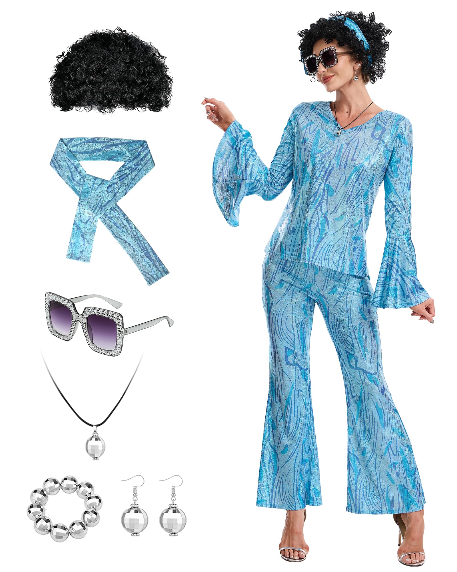 LLTTEER Women's 70s Disco Outfit Costume Set 9 Pieces Disco Costume with Flared Pants,60s 70s Disco Accessory Set, for Carnival, Halloween Theme Party (Blue, XL)
