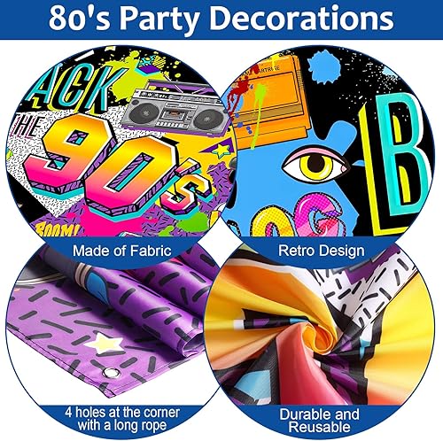 Miniatura 7 de Decoraciones de fiesta de los años 90, pancarta de regreso a los años 80 y 90, telón de fondo de hip hop con radio inflable, globos inflables para
