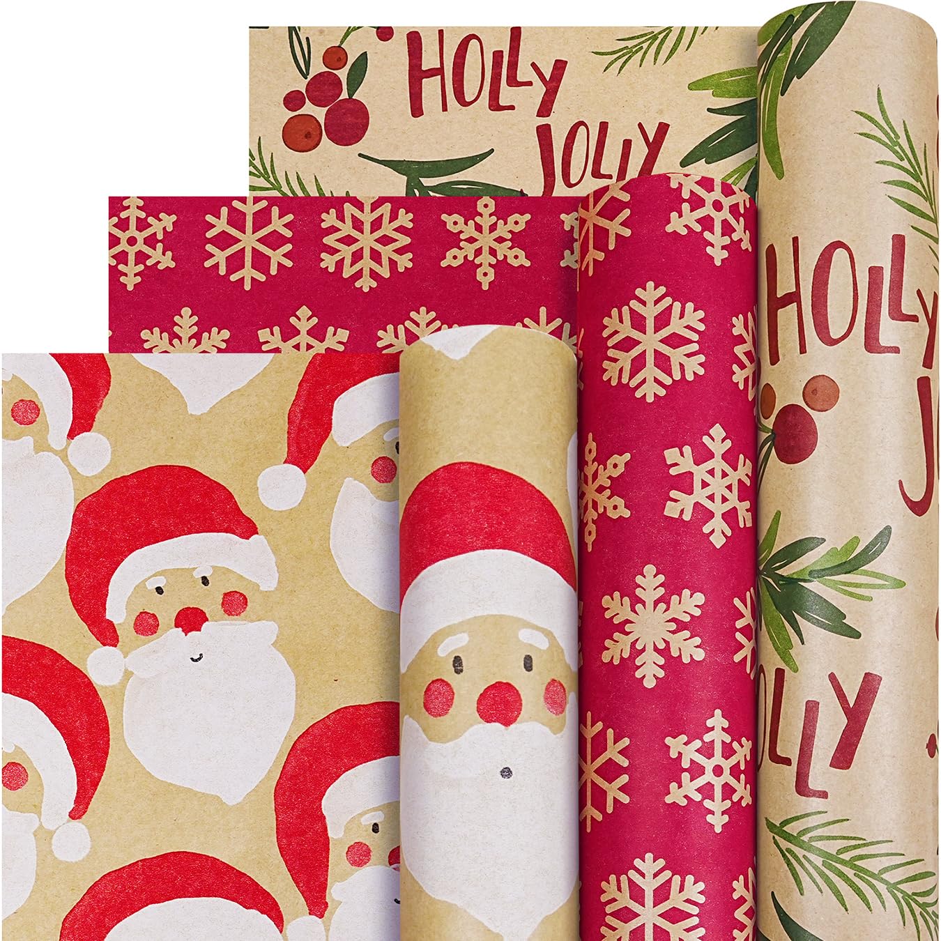 Christmas Wrapping Paper Rolls - 3 Rolls Red and Brown Kraft Xmas Wrapping Paper, Santa Claus, Snowflakes, Holly Jolly Design Gift Wrap Paper for Christmas, New Year, 43cm x 3M each Roll