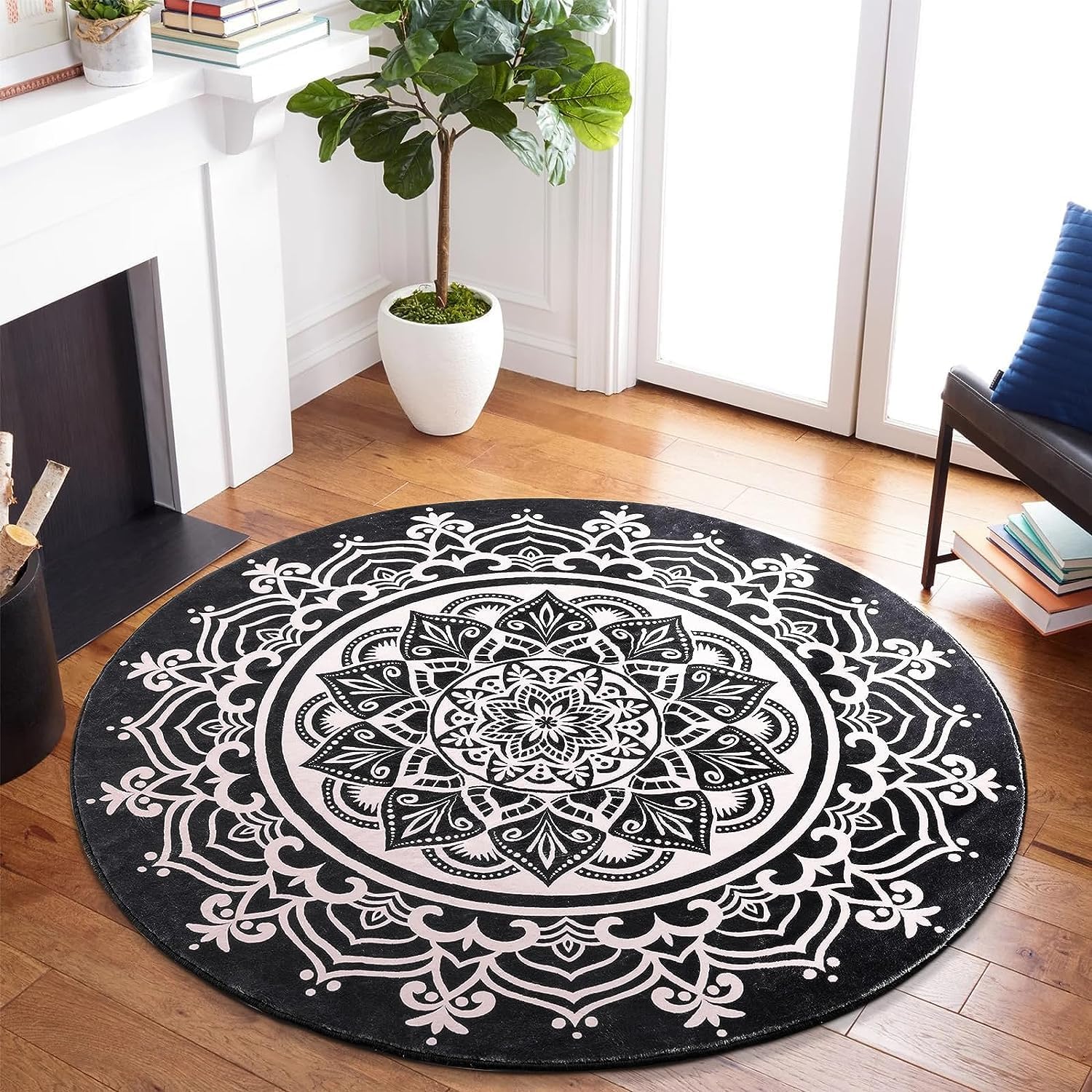 Carvapet Round Area Rug 91cm/3ft Soft Fluffy Circle Carpet Rug Short Pile Non Slip Washable Bohemian Mandala Floor Round Rugs(Black)