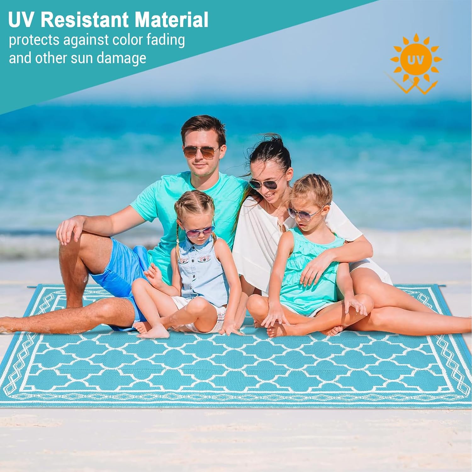 Garvee 5x8 Outdoor Patio Rug, Plastic Straw Rug for Patio,Waterproof Reversible Plastic Straw Carpet for Camping RV, Balcony Deck Backyard, Easy Clean Outdoor Mat,Light Blue/White