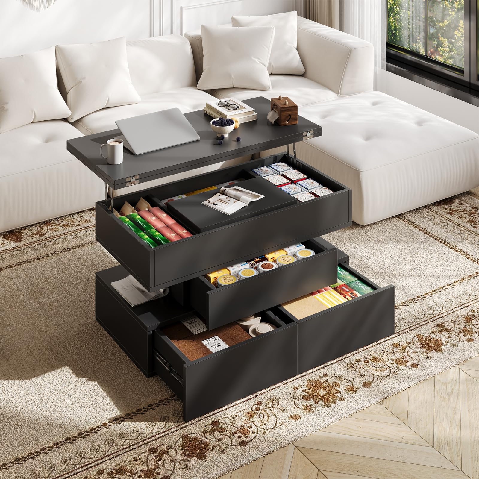 Mesa de Centro Elevable y Extensible, Mesa de Centro Salon con 3 Cajones y Espacio de Almacenamiento Oculto, Mesa de Café o Mesa de Comedor, Adecuada para Sala y Oficina, Negro