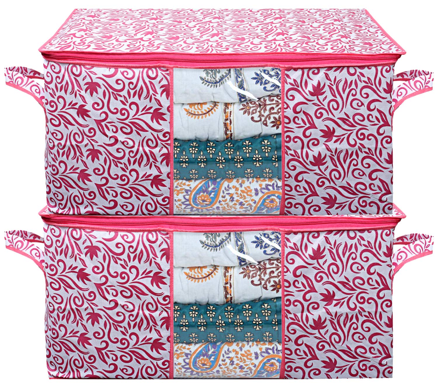 Kuber Industries Leaf Design Non Woven 2 Pieces Underbed Storage Bag, Storage Organiser, Blanket Cover (Pink) -CTKTC021201