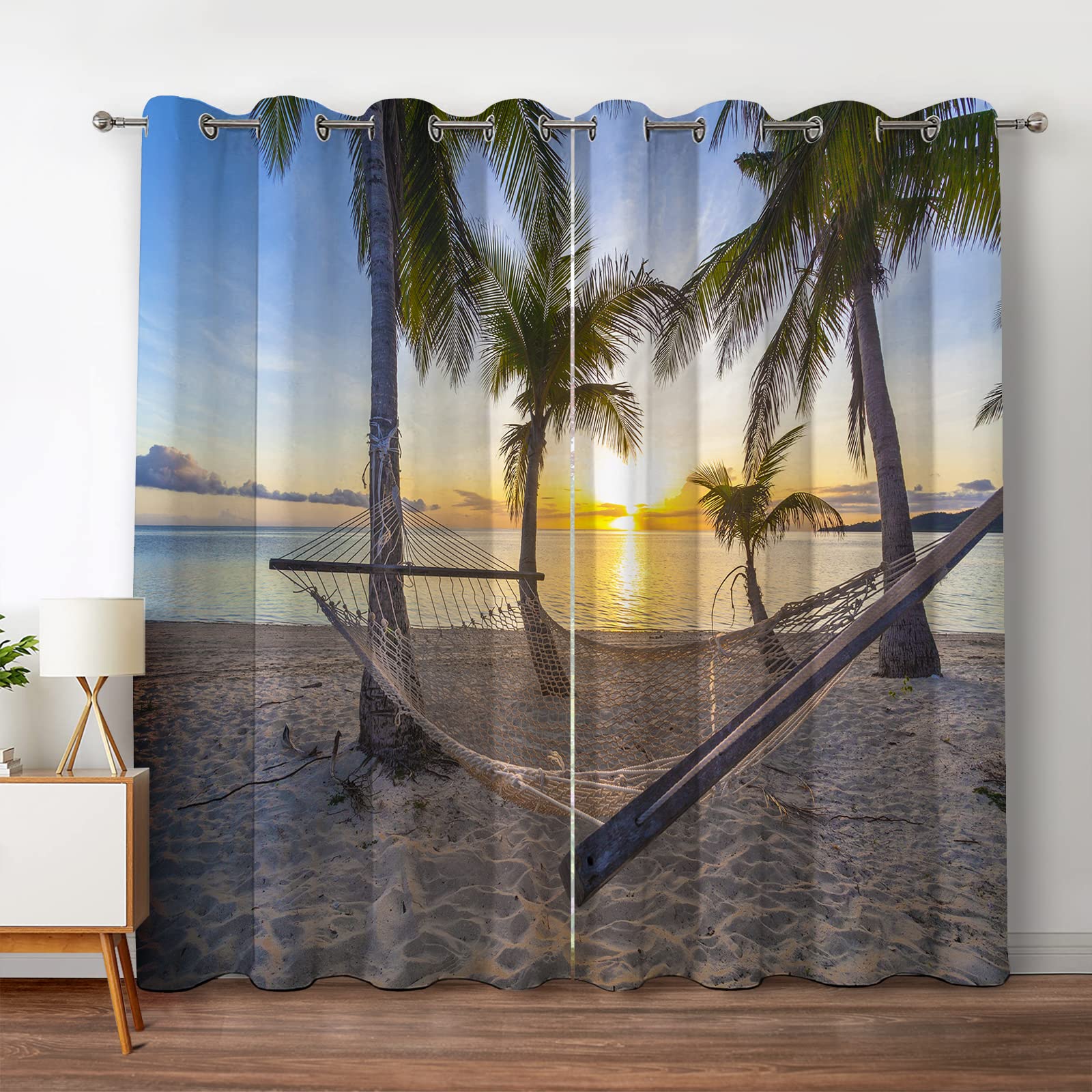 Jekeno Ocean Palm Trees Blackout Curtains Beach Sky Sunshine Seascape Seaside Scenery Decor for Home Bedroom Living Room Grommet Window Drapes 2 Panel