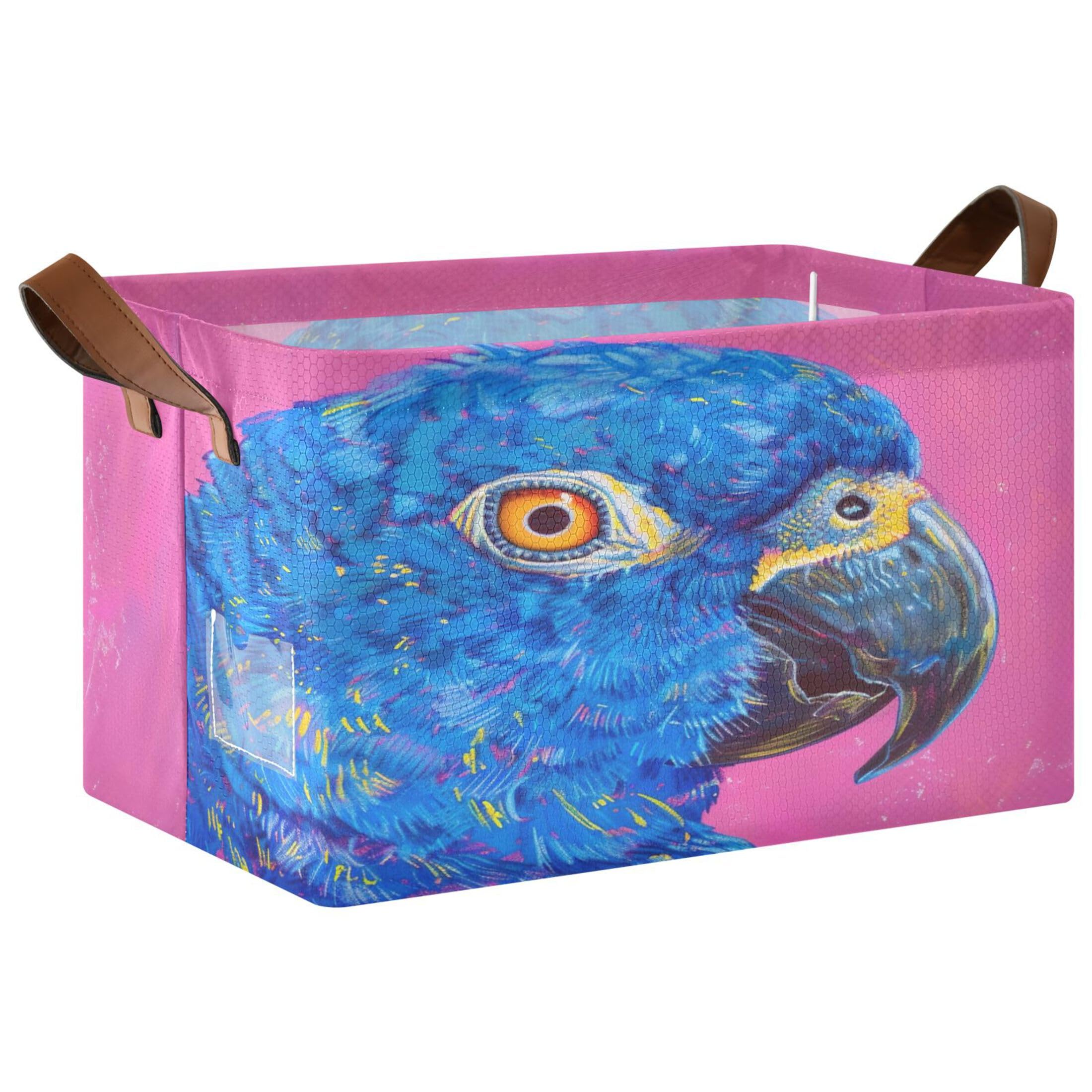 Kutsu Foldable Storage Basket Parrot Collapsible Storage Bin with Handles for Shelves, Rectangle Basket for Home Nursery Decor, 16.9x11.4x10 in