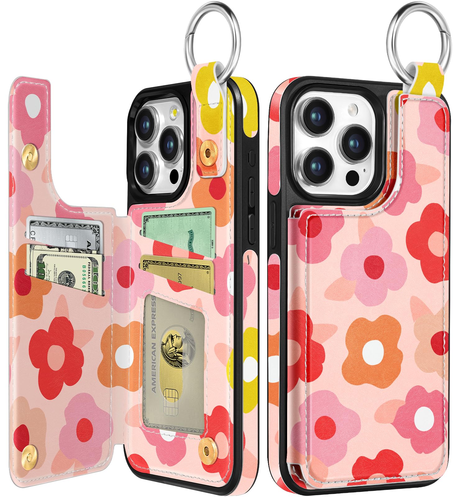 for iPhone 15 Pro Wallet Case with Card Holder, Cute Designer Pk Flower Pattern Kickstand Magnetic Clasp Back Flip Folio Leather Cases for iPhone 15 Pro Phone for Girls Women,6.1 Inch