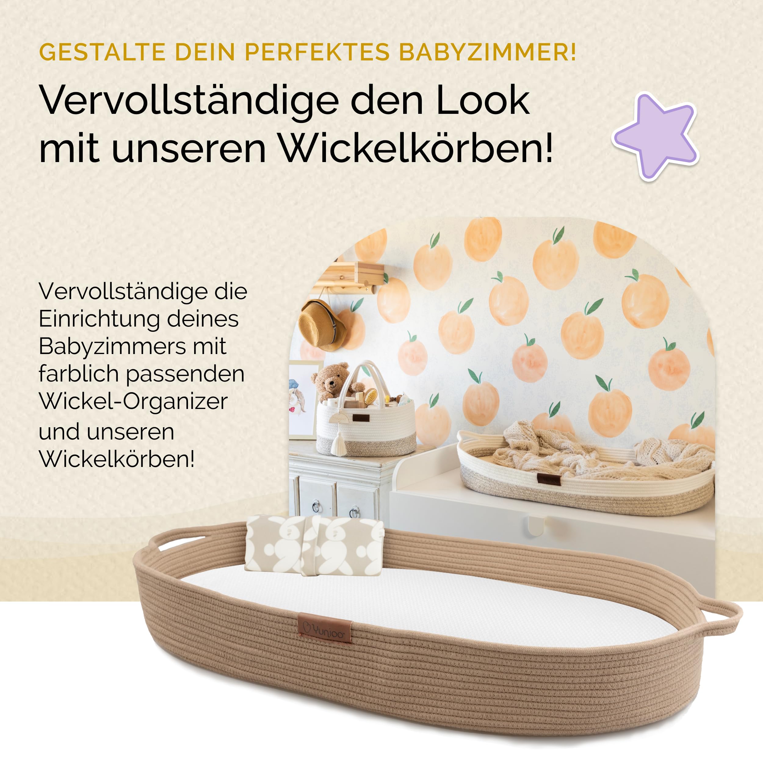 Yunioo Wickelkorb mit atmungsaktiver Matratze & Windel-Organizer – Für entspannte Wickelmomente, hautfreundlich, faltbar, robust, stilvolle Aufbewahrung