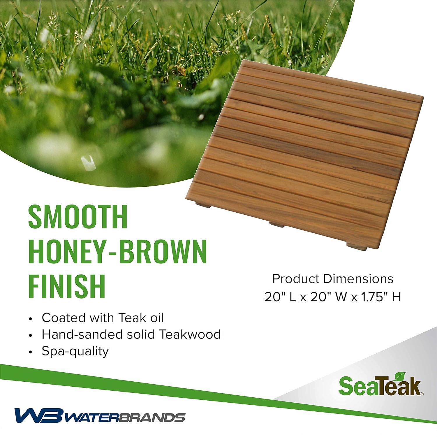 SeaTeak Square Wooden Teak Shower Mat | Waterproof Mat | Indoor Bath Mat | Outdoor Shower Platform | 20" L x 20" W x 1.75" H