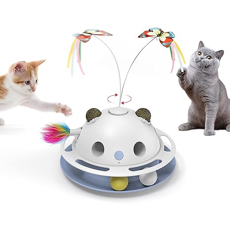 Potaroma Cat Toys 4-in-1 Automatic Interactive Kitten Toy, Fluttering Butterfly, Moving Ambush Feather, Catnip, Balls in Track, Dual Power Supplies, Indoor Exercise Cat Kicker 4.1 Inches Height
