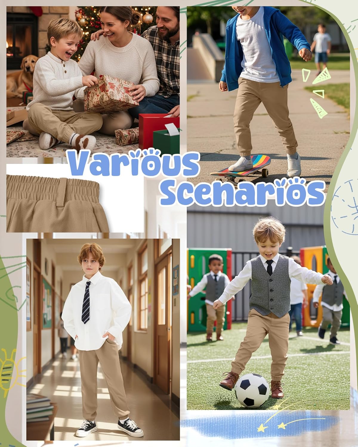 3 Pack Boys Uniform Jogger Pants Kids Cotton Pull-on Elastic Waist Relaxed Fit School Clothes with Pockets(Khaki,12-13 Years) - Image 2