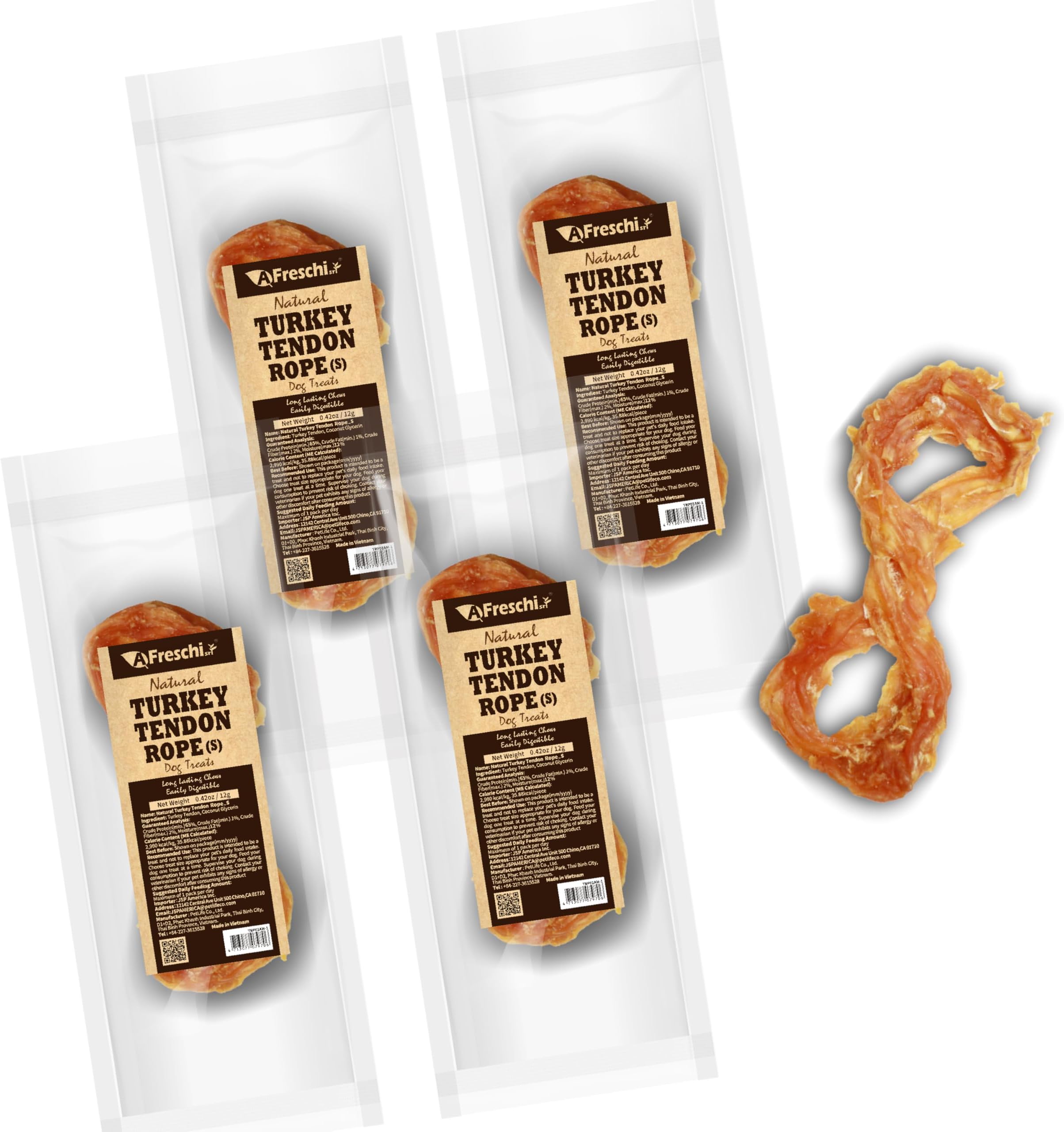 A Freschi srl Turkey Tendons for Dogs, USA-Sourced, Healthy Dog Treats, Rawhide-Free Puppy Chews, Long Lasting, All Natural, Hypoallergenic Dog Treats for Small Breeds, 4 Count Pack Rope (S)