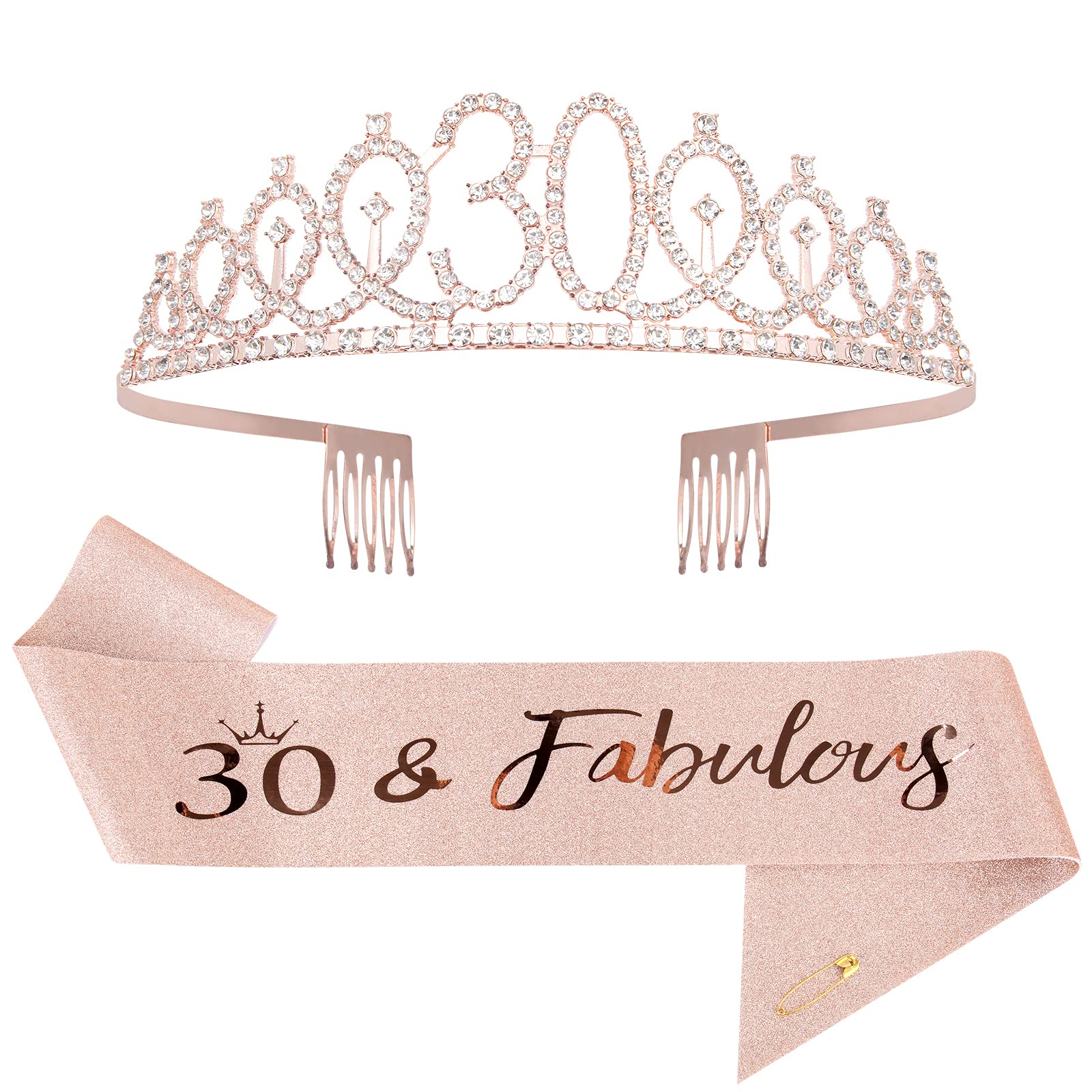 Set Diadema E Fascia Per 30° Compleanno – Tiara Glitter E Fascia In Raso Oro Rosa ‘30 & Fabulous’