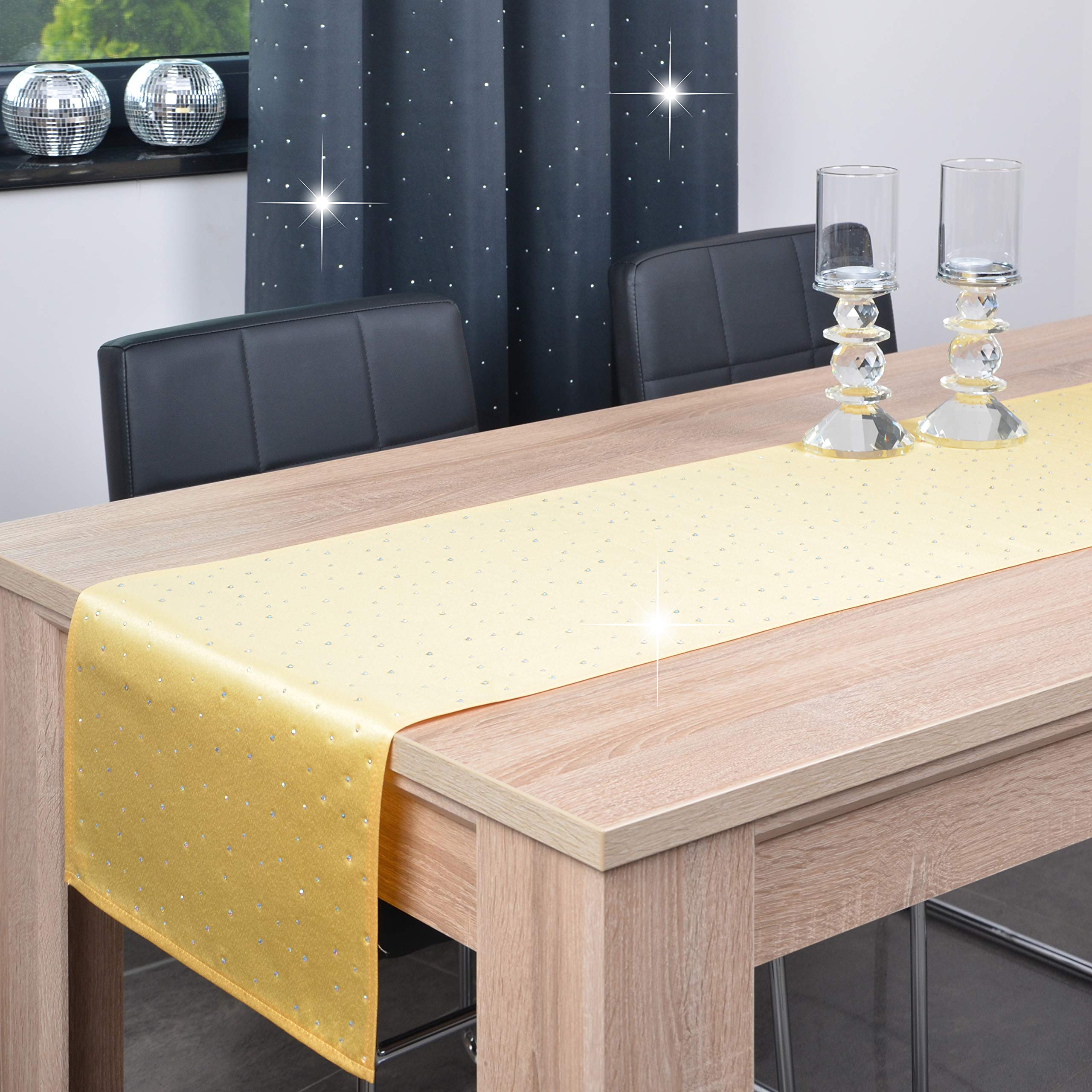 schmutzabweisendes Tischläufern, 40 x 220 cm, Dunkelgelb, veredelt mit einem ästhetischen Rückseite auf 1 cm, verziert mit Kristallen, Gewebe 200 g/m², 100% Polyester, hergestellt in der EU