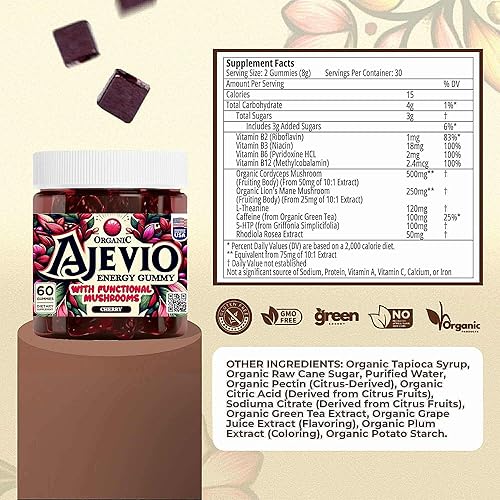 Miniatura 9 de Gomitas Energy & Focus  Mane de león orgánico y hongos Cordyceps, cafeína a base de plantas, L-teanina y vitaminas B, nootrópico para resistencia,