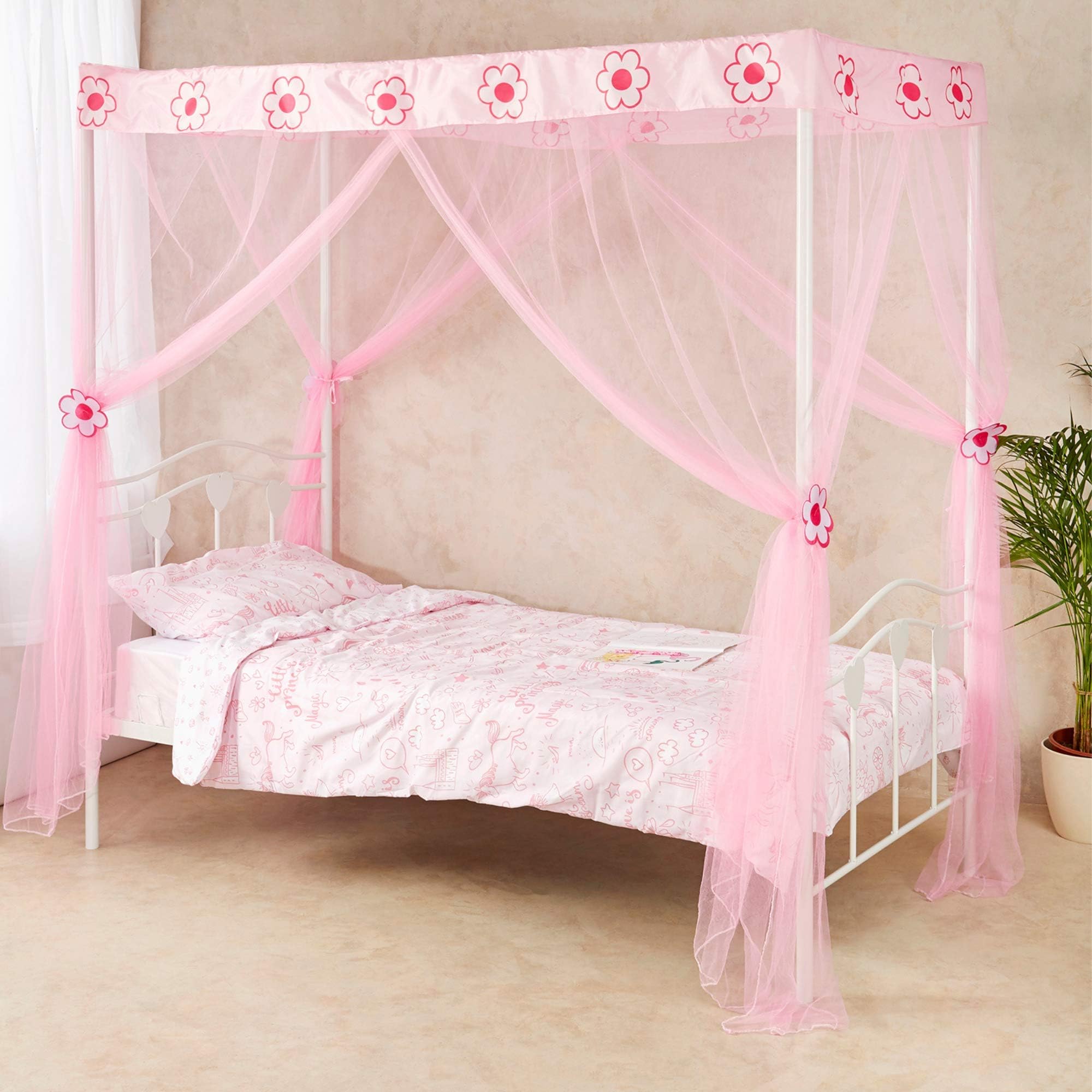 Girls Princess Pink Bed Canopy 4 Poster Style Bed Netting with Flowers Twin Bed Mosquito Easy Installation Net Box Set