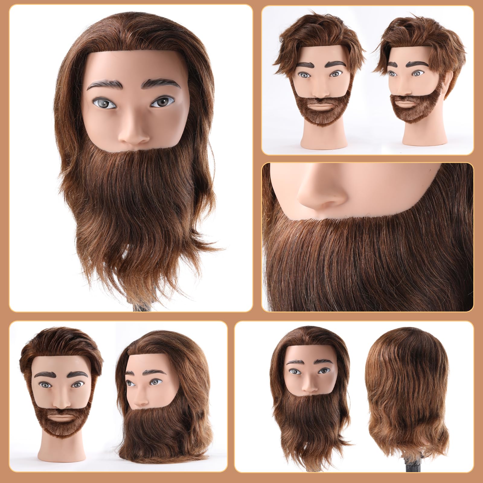 Mann Frisierkopf 100% Echthaar mit Bart Männlich Übungskopf Echthaar Friseur Kopf Puppenkopf Mannequin Kopf Mit Tischklemme + Kammsatz(19 Zoll)