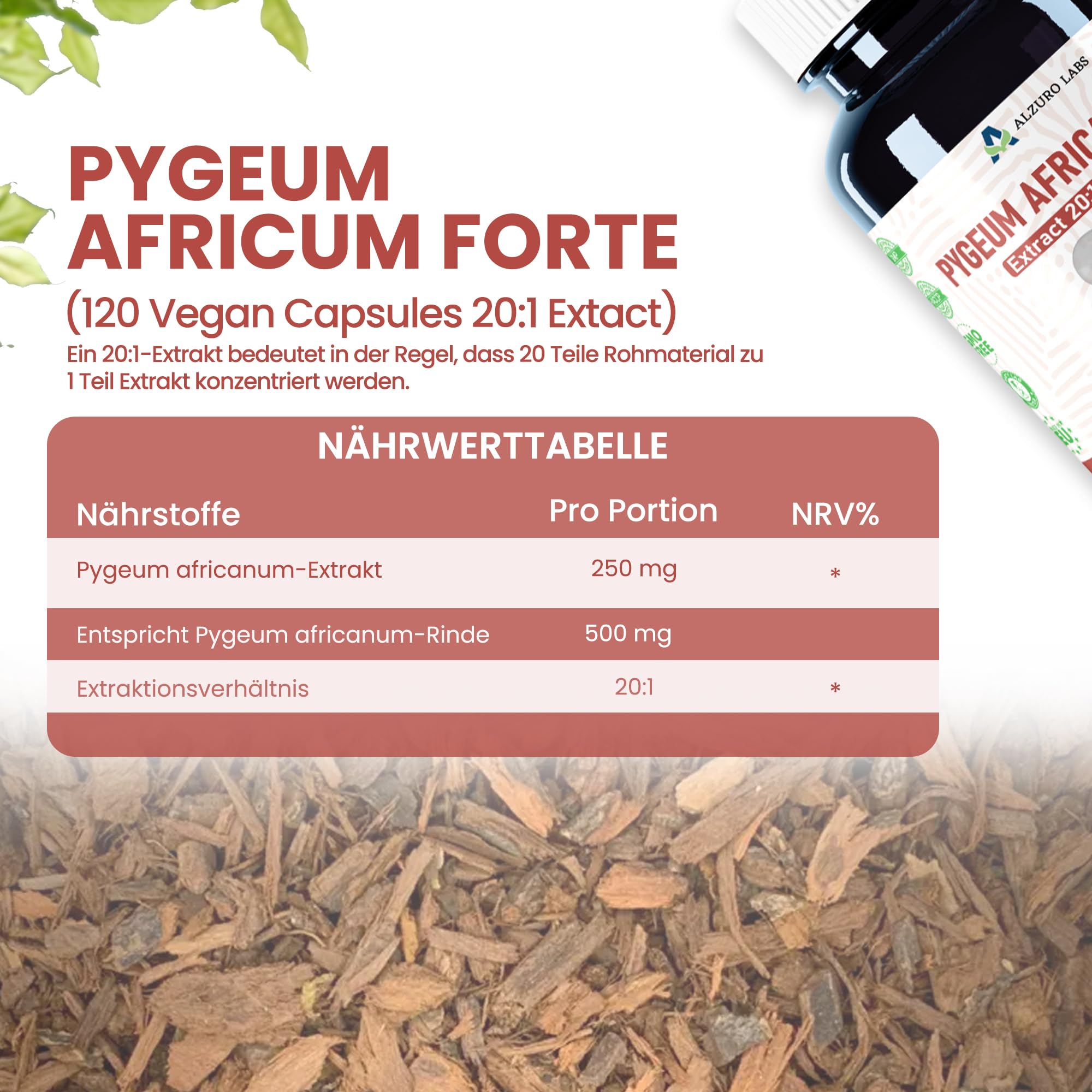 Pygeum africanum | 5.000 mg Äquivalent | 250 mg 20:1 Rinden-Extrakt (13% Phytosterole) | 120 vegane Kapseln | 4-Monats-Vorrat | Prunus africana | GMP & Laborgeprüft