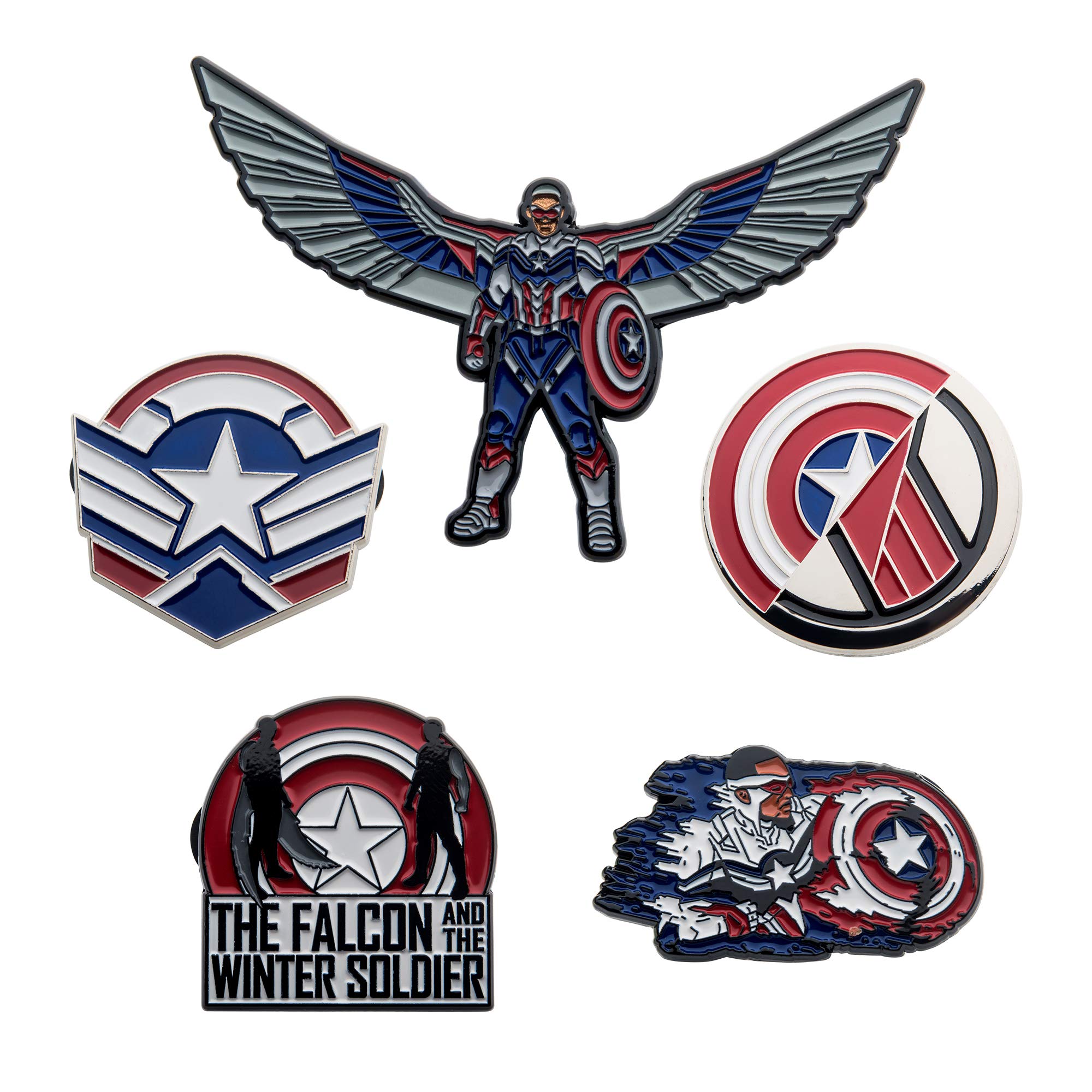 Marvel Studios: The Falcon and The Winter Soldier Metal Based and Enamel 5 Lapel Pin Set with 16cm Officially Licensed Circular Window Box. (Amazon Exclusive)
