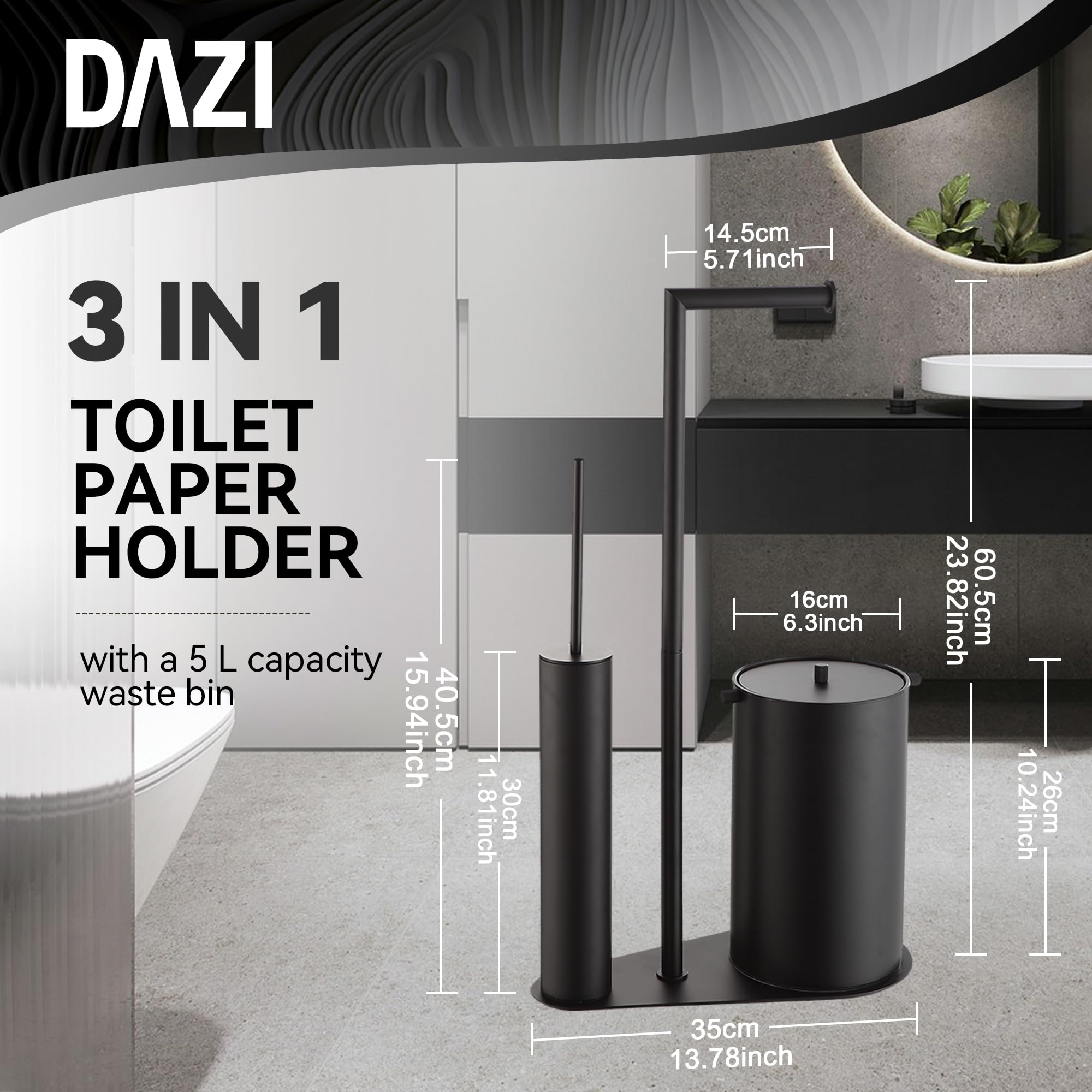 DAZI Portarrollos de Papel higiénico Independiente con Cepillo y Cubo de Basura, Juego de portarrollos de Papel higiénico de Acero Inoxidable, Negro Mate, 2 Cabezales de Cepillo PP