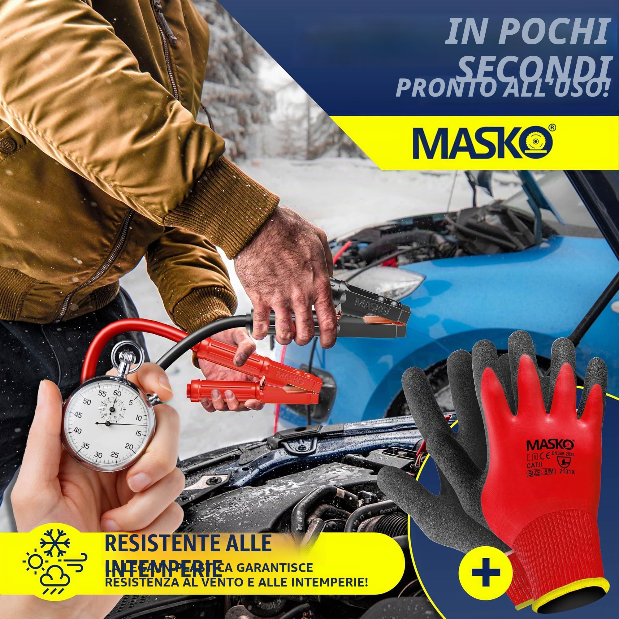MASKO® - Cavo di avviamento per motori a benzina e diesel, 6/ 12/ 24 Volt, cavo di avviamento per auto e moto, in rame, con guanti e borsa per il trasporto, 2 cavi lunghi 6 m e spessi 50 mm² a 3000 A