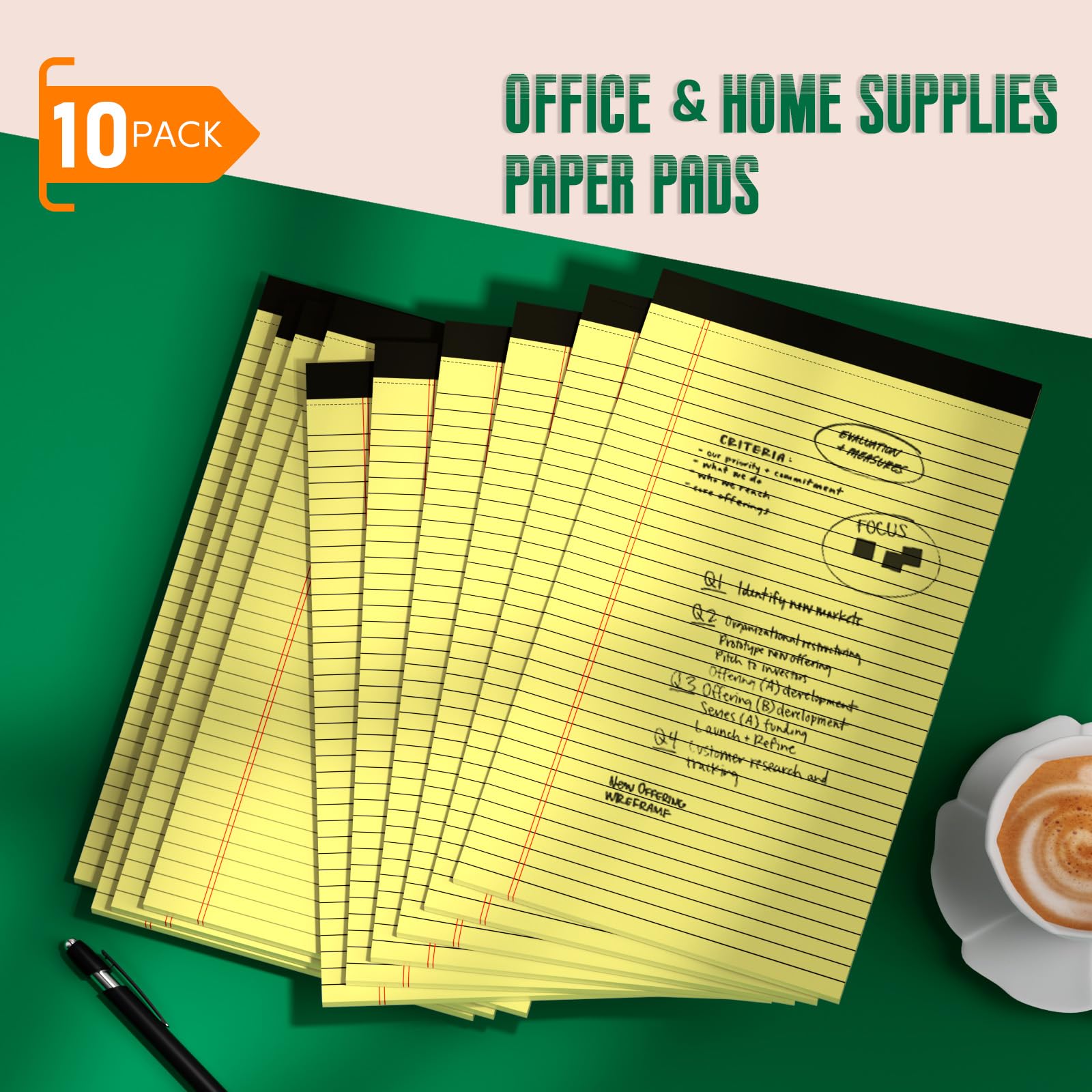 Legal Pads - Blocchi per appunti, 21 x 30 cm, confezione da 10 blocchi a righe larghe, blocco note micro perforato, blocchi di carta stampati a righe su entrambi i lati, 30 fogli per blocco note