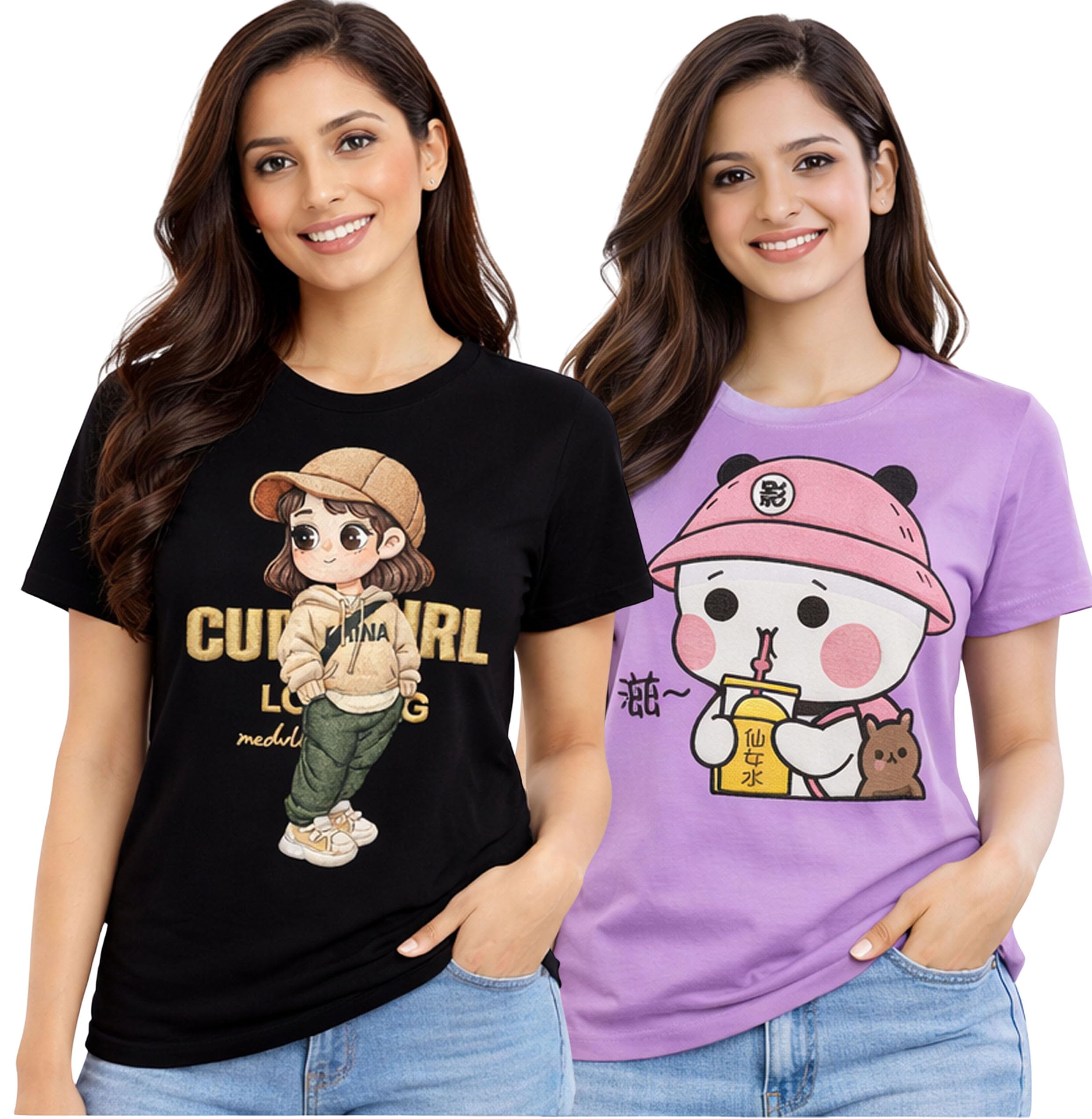 Women’s Polycotton Graphic T-Shirt Combo(Pack of 02 t-Shirts) – Cute Cartoon Girl & Kawaii Aesthetic Graphic Print | Regular Fit Casual-picture-30