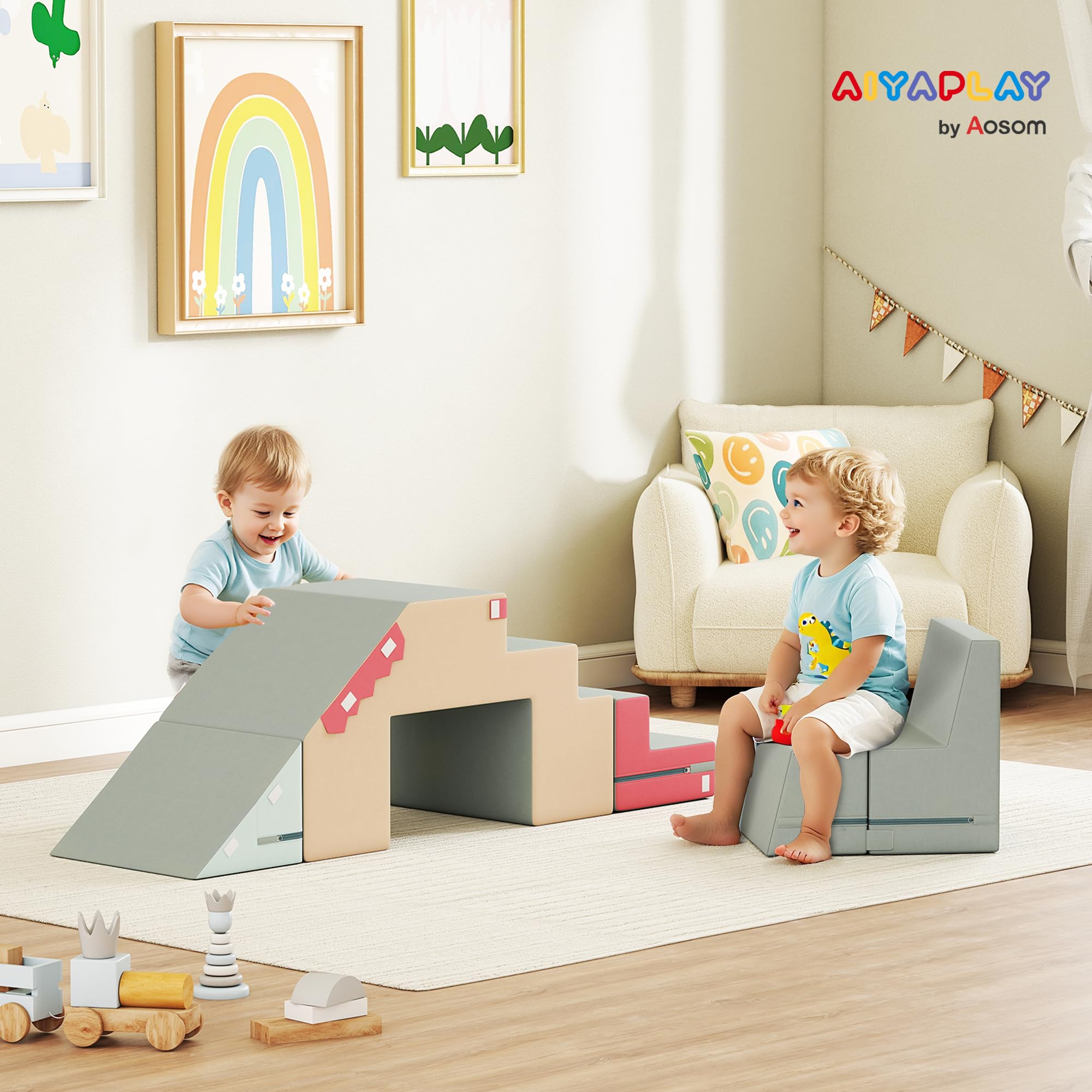 AIYAPLAY Kinder Schaumstoff Bausteine 2er Set Softbausteine Bunt | Riesenbausteine, Großbausteine, mit Samtoptik, Klettern, Bauklötze, Bausteinset