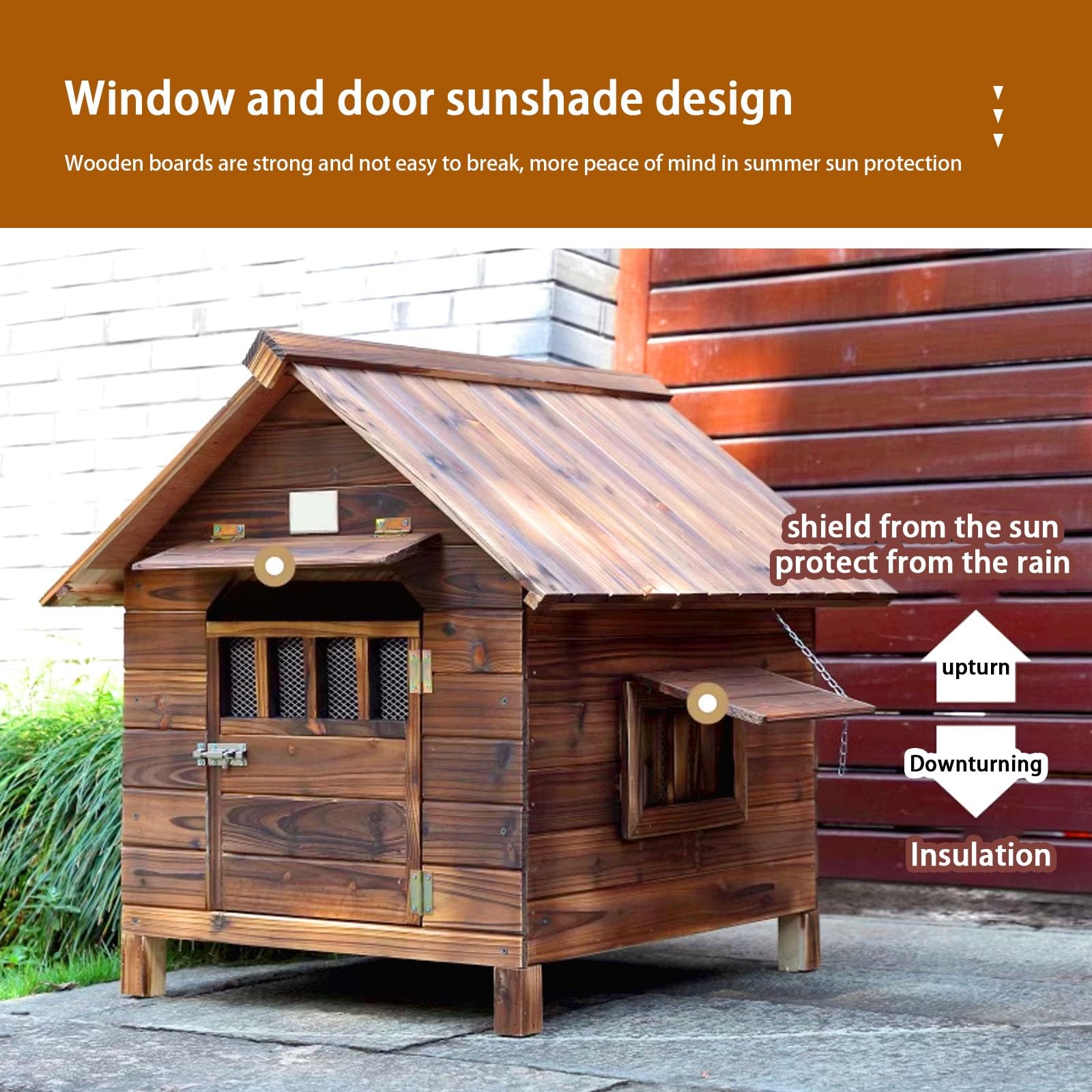 Hundehütte Outdoor große Hunde, hundehütte Holz, hundehütte isoliert, herausnehmbarer Boden, Hundehütte für den Außenbereich mit Sonnenblende für kleine, mittlere und große Hunde(56x45x48cm)