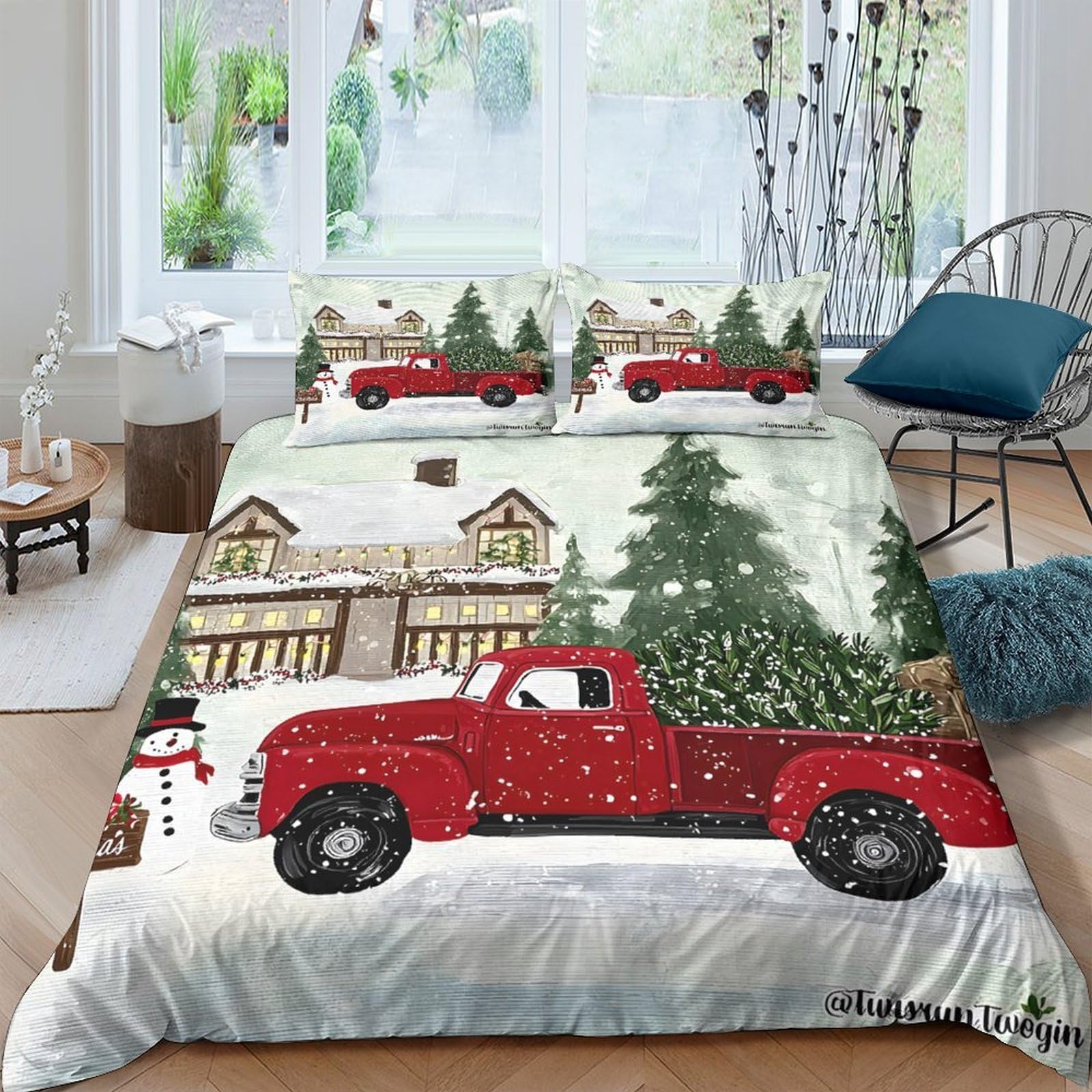 Ctjqhvkz Style-6 3D Printed Red Vintage Truck Fitted Sheet Microfiber Christmas Snow Landscape Bed Cover For Bedroom Guest Room Decor Single（135X200cm）