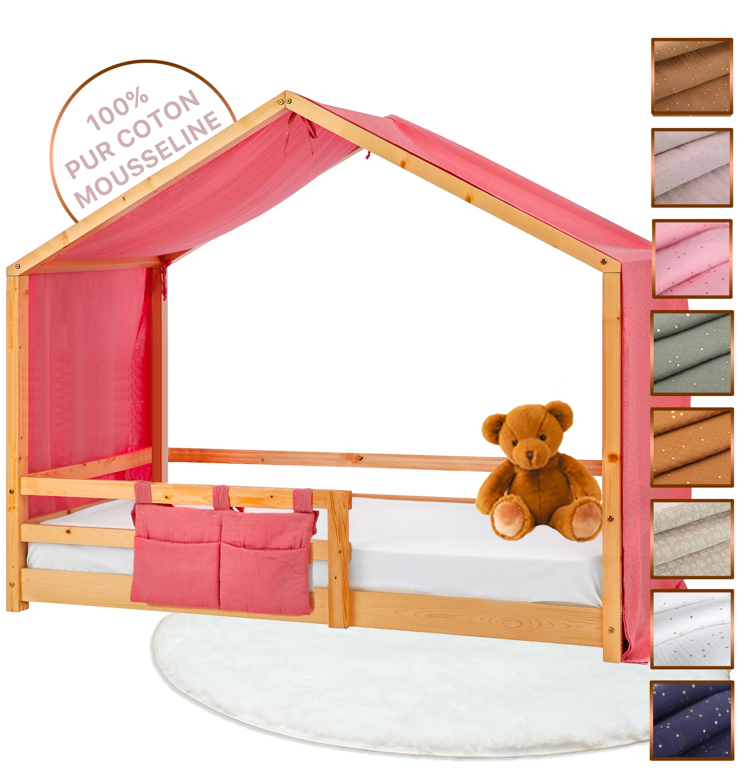 Tenda Letto Bambini 100% Cotone - Tenda Letto Montessori per Letto Bambini 80x160 e 90x190cm - Modelo 2 (Rosa Cipria/Oro, 97 x 402 cm + Astuccio)