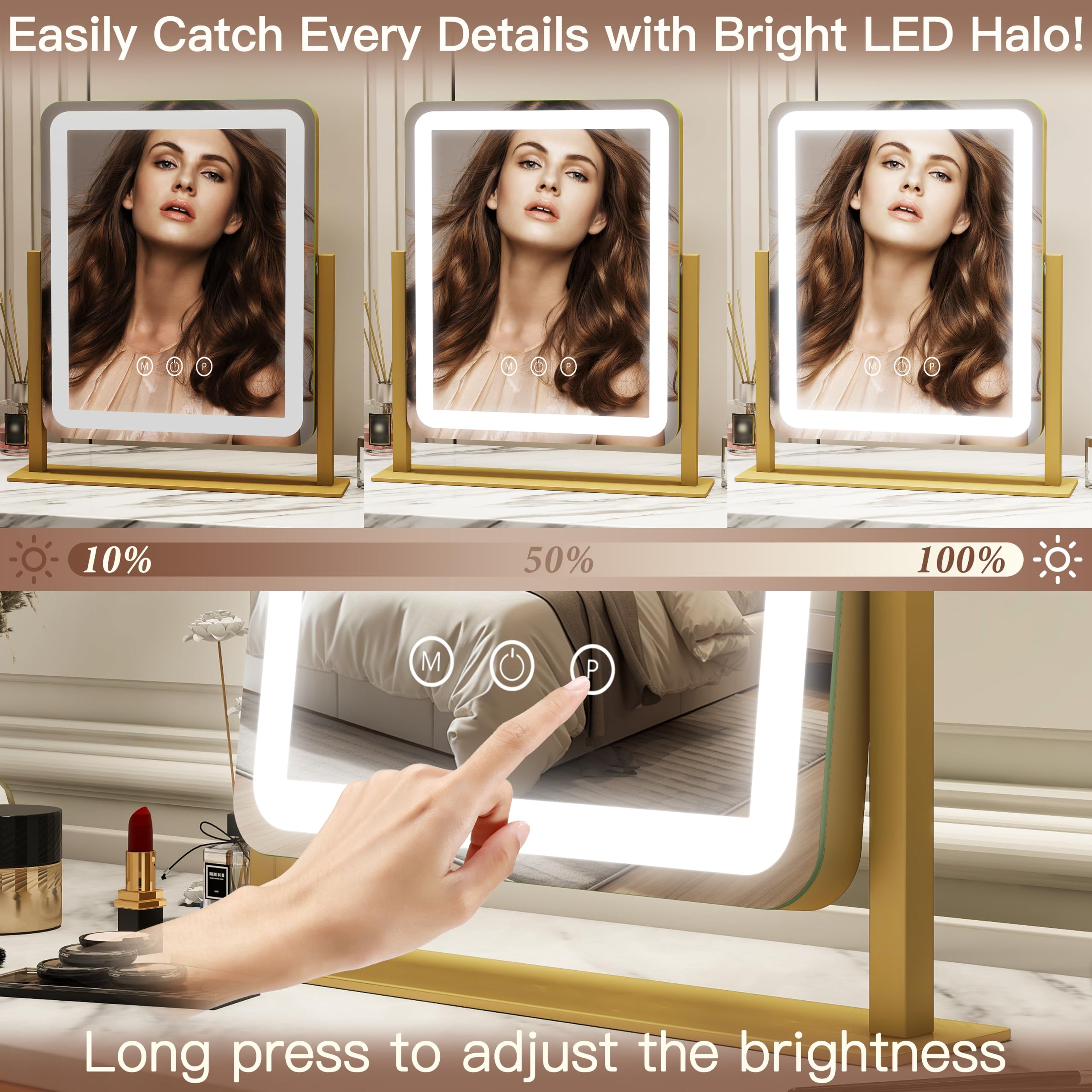 FENNIO Miroir de courtoisie avec lumières – 38,1 x 32 cm, grand miroir de maquillage avec lumières LED, écran tactile avec éclairage 3 couleurs, intensité variable, pour coiffeuse, bureau, chambre à