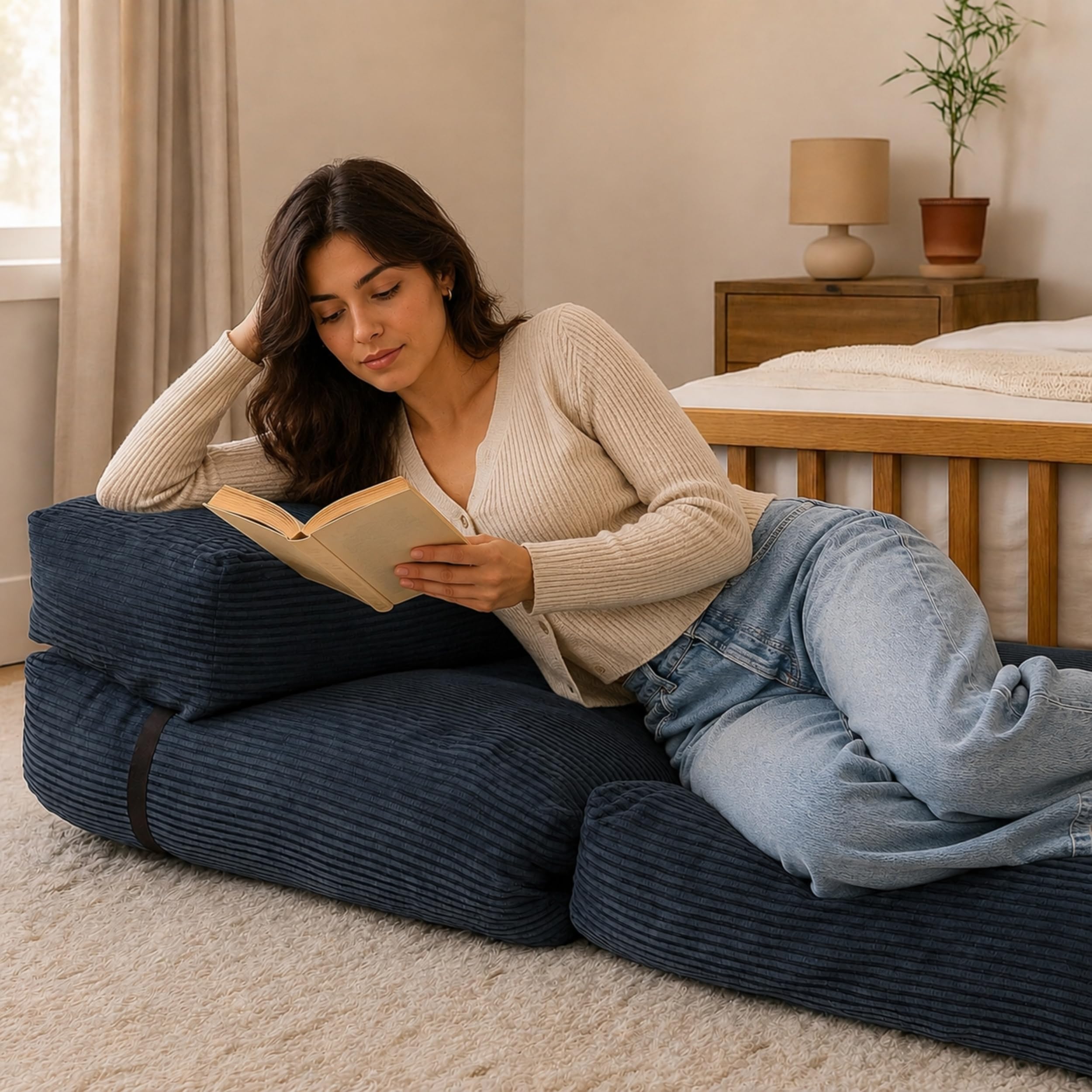 bananair - Sofá Cama 1 Plaza Convertible - Cama Individual Desfundable en Terciopelo Acanalado - Sillon Una Plaza, Futón Japonés Práctico y Confortable, Acolchado en Espuma (70 x 190 cm, Azul)