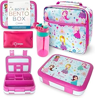 Bento Box, Lunch Bag, Ice Pack Water Bottle Set for Kids - 5 Leakproof Compartments, Removable Tray, Lunches or Snack Container Girls Toddlers Daycare Pre-School, Kindergarten Pink Fairy Princess
