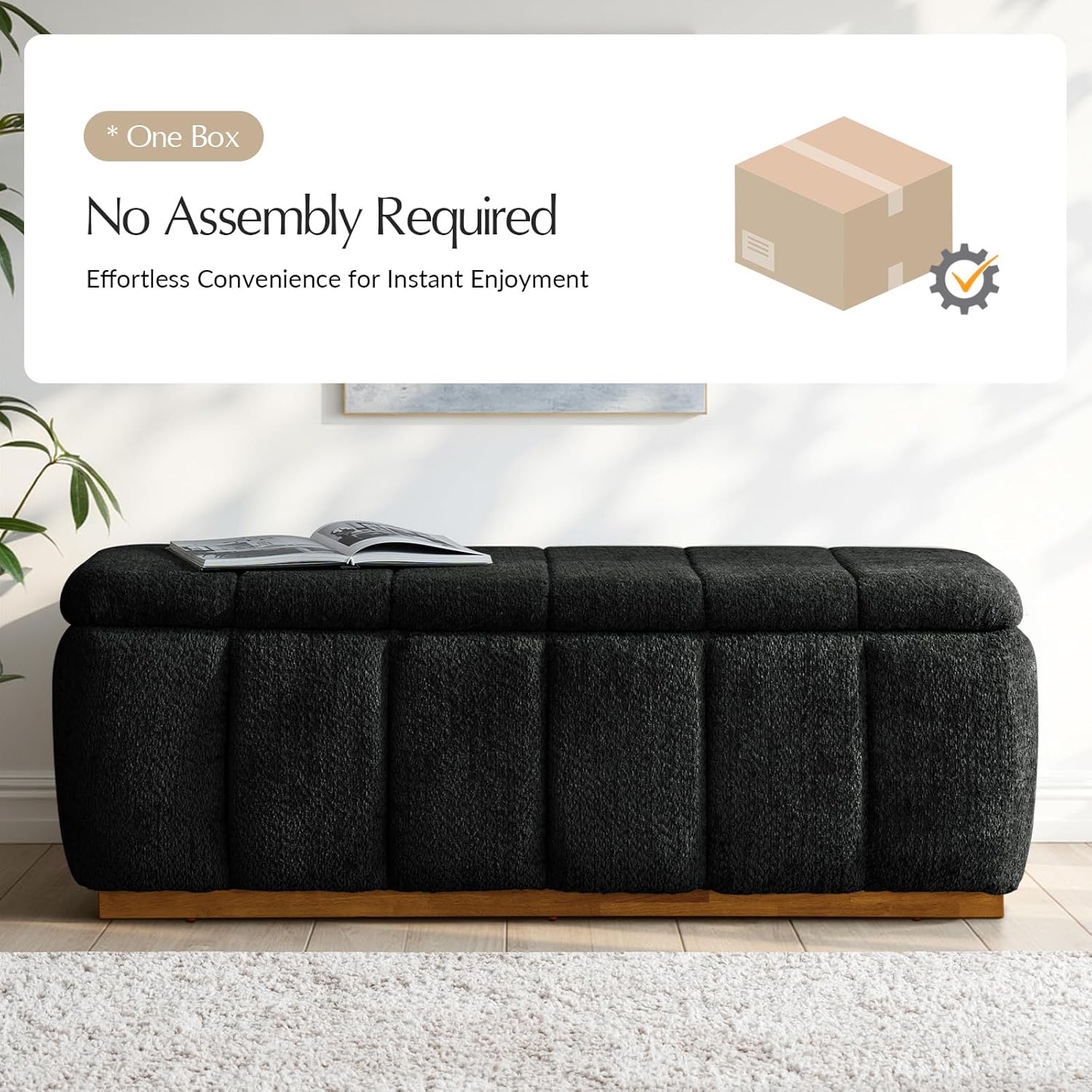 HULALA HOME Storage Bench with Solid Wood Base, Chenille End of Bed Bench for Bedroom, Living Room, Entryway, No Assembly, Black