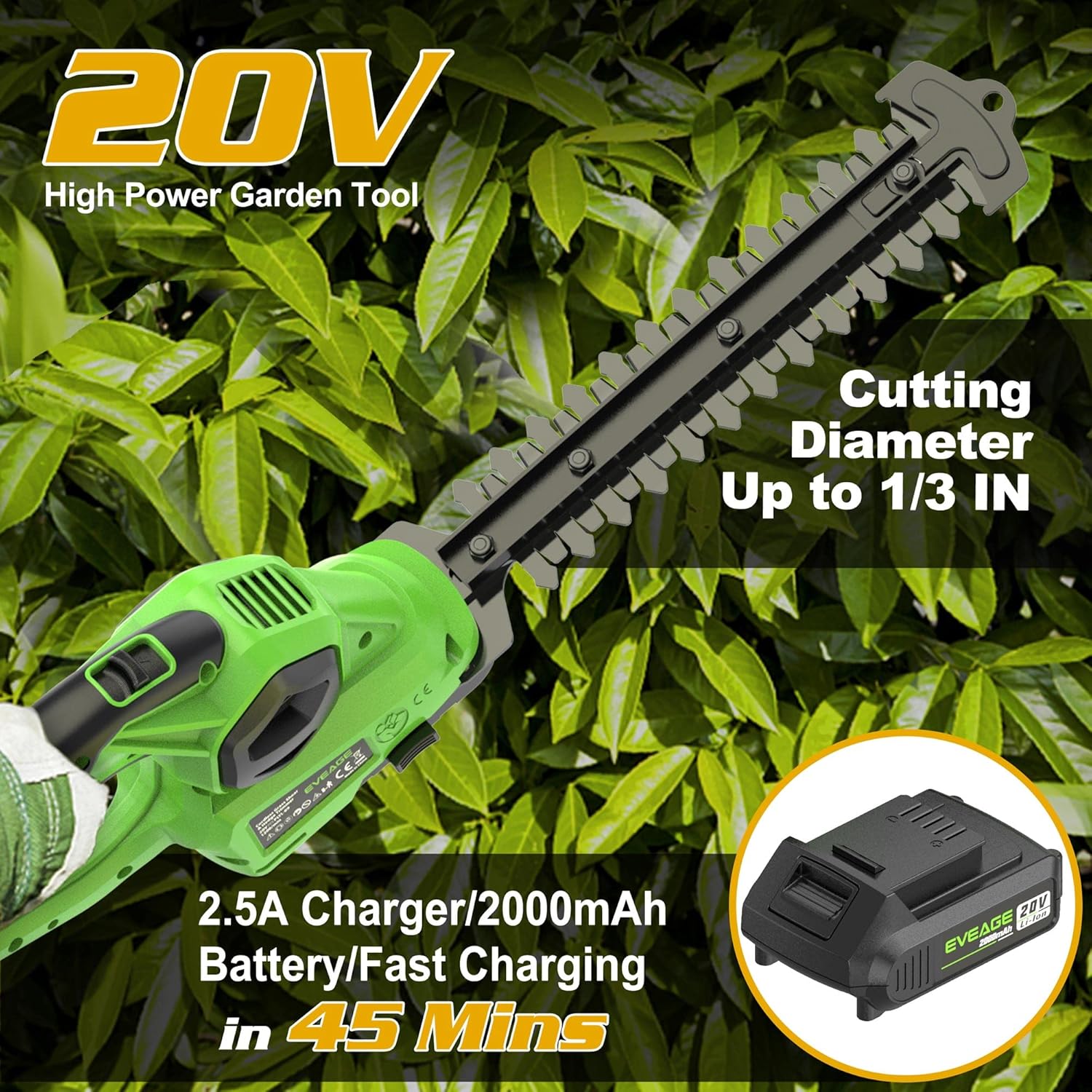 review EVEAGE 20V Cordless Grass Shears, Handheld Grass Trimmer, 2 in 1 Electric Grass Clippers & Power Hedge Trimmers Cordless for Gardening, with One 2000mAh Battery Pack and 2.5A AC Charger