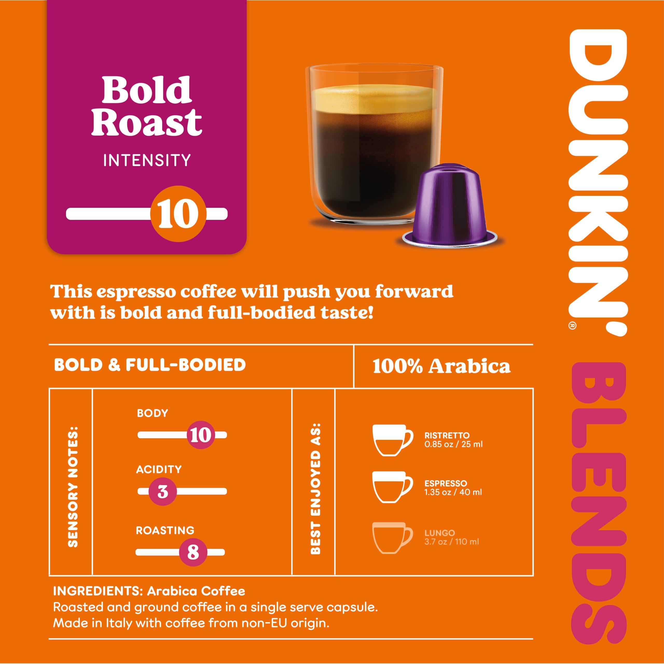 Dunkin' Donuts Bold Roast – 100 kapsułek kawy kompatybilnych z Nespresso Original Line – 100% Arabica – Mocna, ciemna palarnia – Intensywny, aromatyczny i pełny smak
