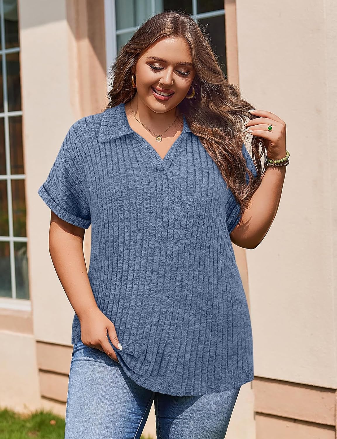 Koscacy Womens Plus Size Tops Short Sleeve Tunic Lapel V Neck Shirts Summer Casual Loose Blouse - Image 6