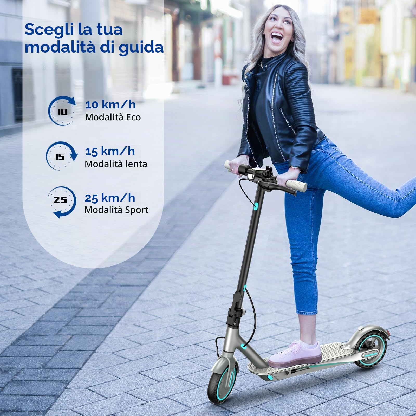Monopattino Elettrico per Adulti, Pneumatici 10", Motore Potente 350W, Autonomia fino a 36 km, Velocità Massima 25 km/h, Doppio Sistema di Illuminazione e Freni a Tamburo, Controllo via App Smart