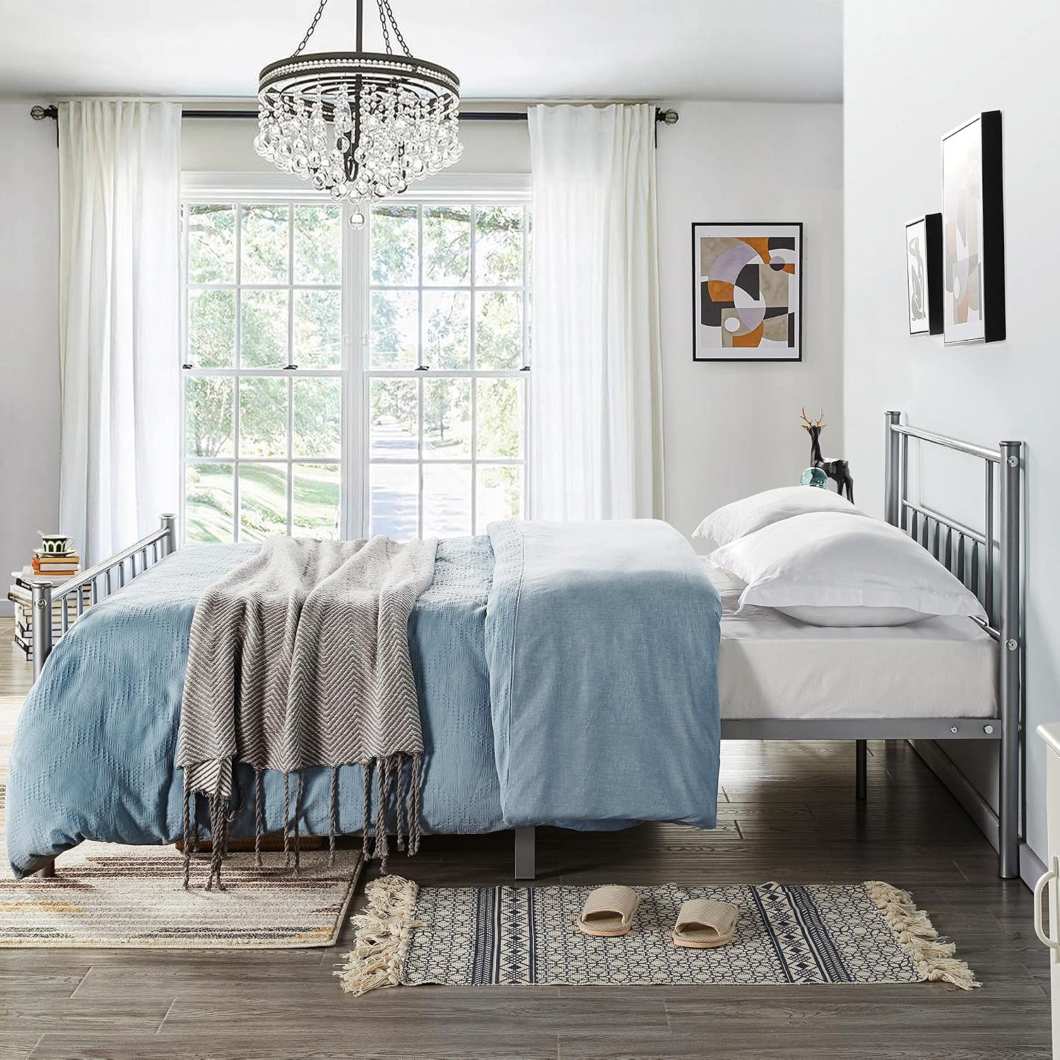 Topeakmart Queen Size Metal Bed Frame, Platform Bed Frame with Headboard and Footboard/No Box Spring Needed/Steel Slat Support/Under Bed Storage/Silver